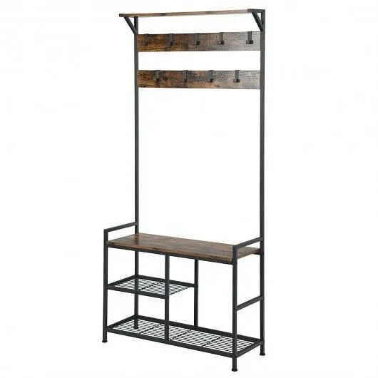 3-In-1 Industrial Coat Rack Stand with 9 Hooks Shoe Bench
