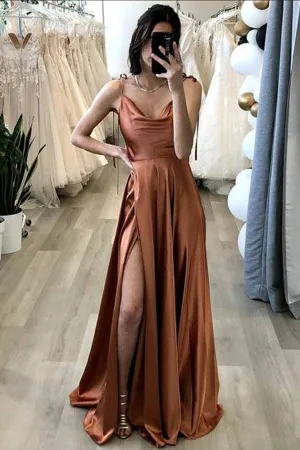 A Line Brown Long Prom Dress With Slit Simple Evening Party Dresses TP1102