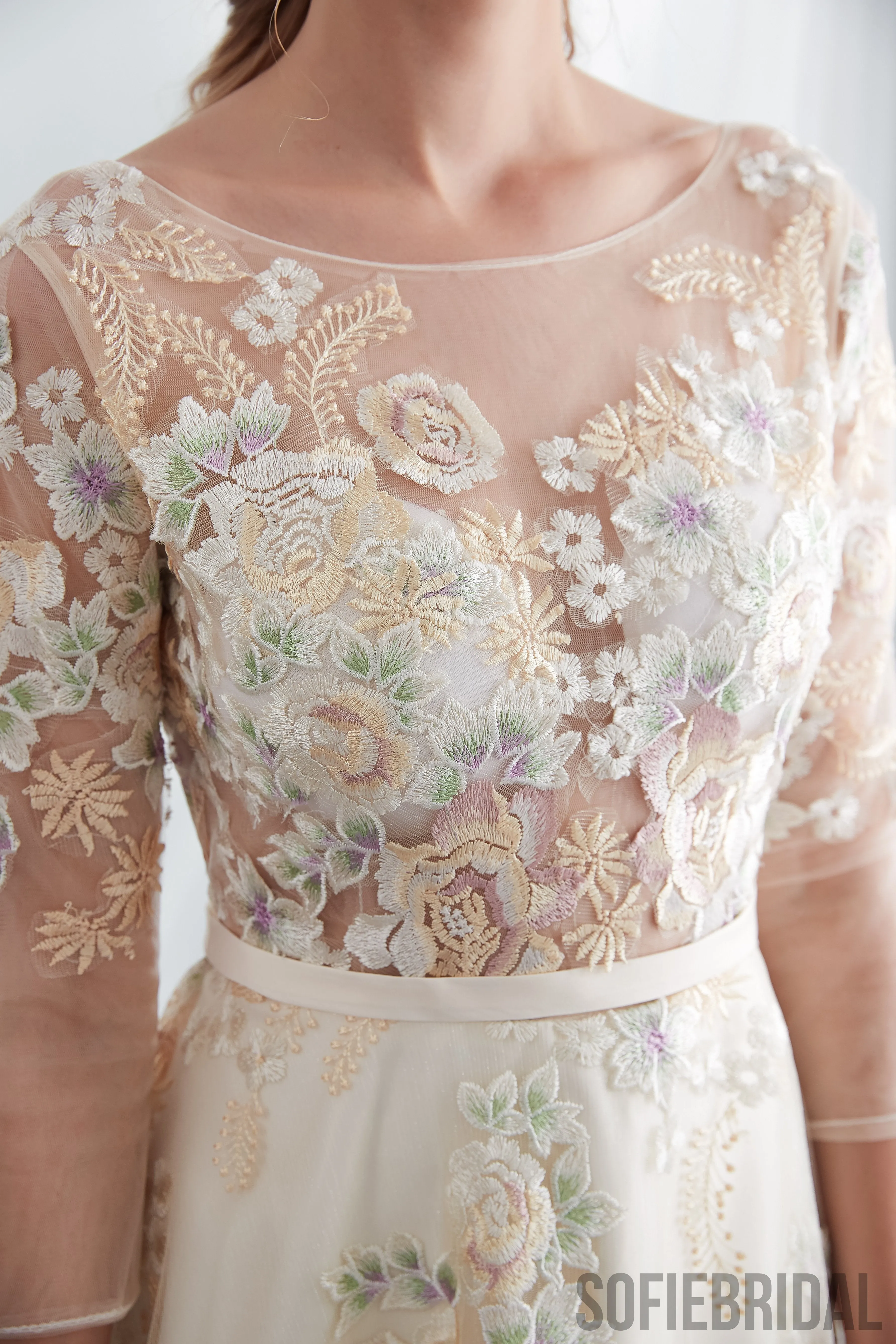A-line Floor-length 3/4 Sleeves See-though Embroidery Wedding Dresses, WD0466