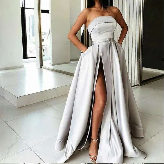 A-Line Most Popular Off Shoulder Sweep Train Split Front Grey Prom Dresses with Belt online , PD0944