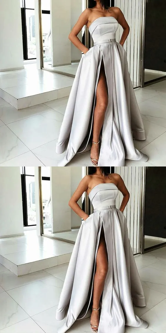 A-Line Most Popular Off Shoulder Sweep Train Split Front Grey Prom Dresses with Belt online , PD0944