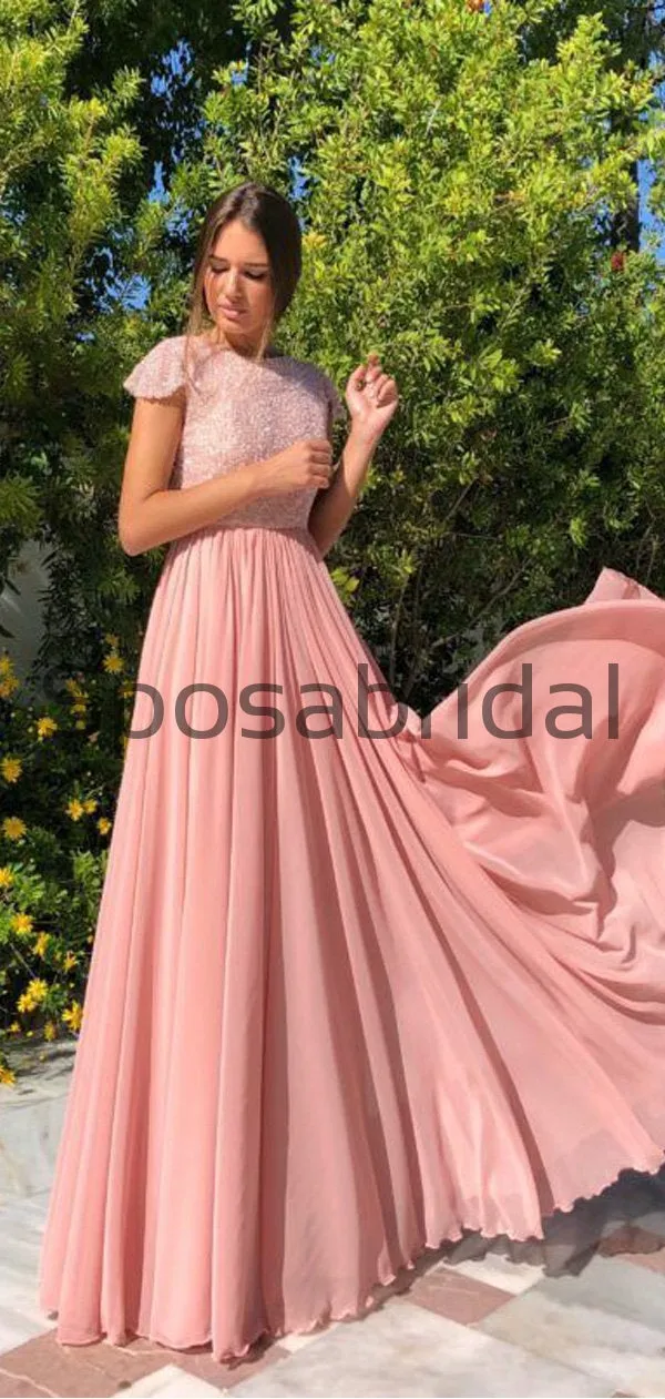 A-Line Pink Cap Sleeves Chiffon Popular Sexy Evening Elegant Prom Dresses PD2293