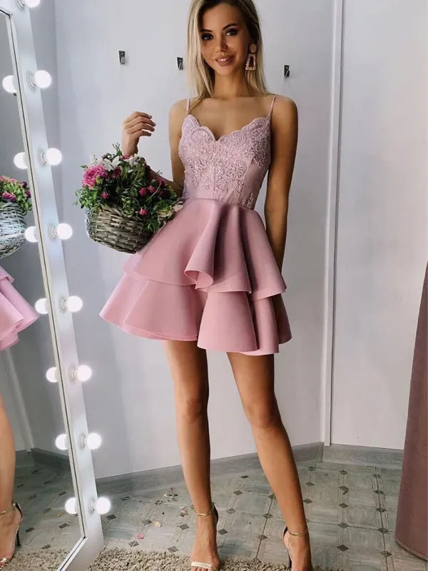 A-line Pink Red Spaghetti Straps Lace Short Homecoming Dresses, BD0430