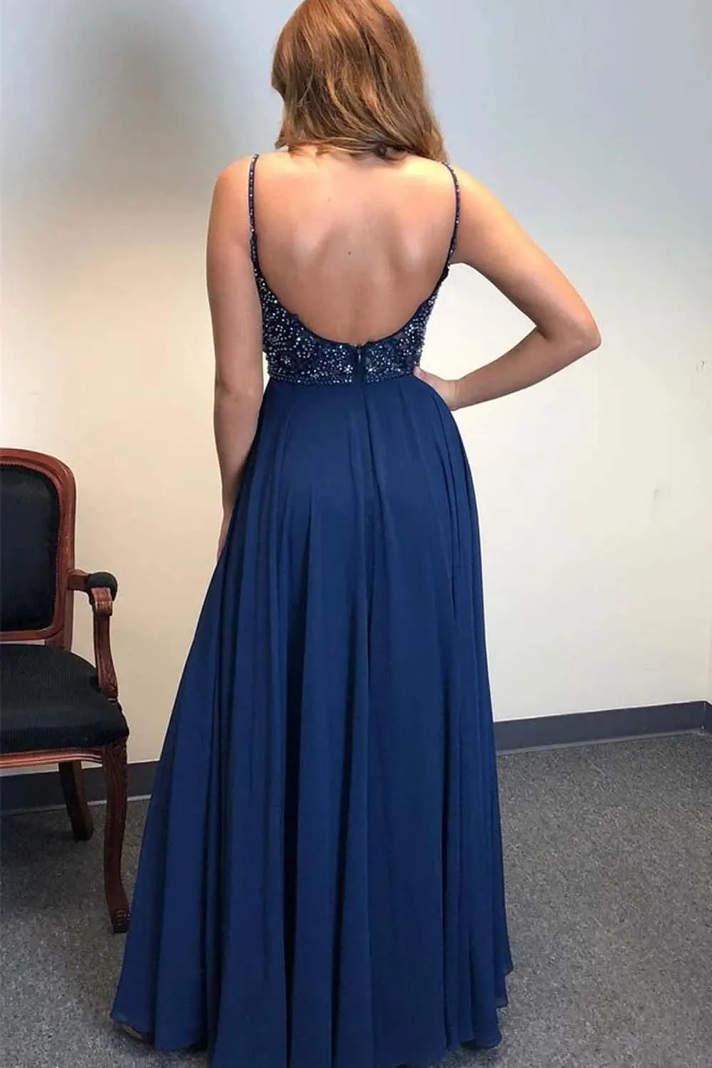 A-line Spaghetti Straps Dark Navy Long Prom Dresses Beaded Evening Dress PSK122