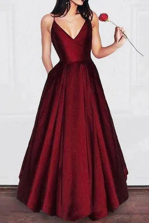 A-line V-neck Spaghetti Strap Burgundy Prom Dresses Long Evening Gowns PG679