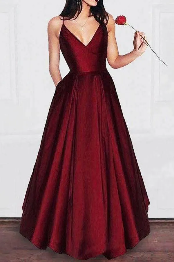 A-line V-neck Spaghetti Strap Burgundy Prom Dresses Long Evening Gowns PG679