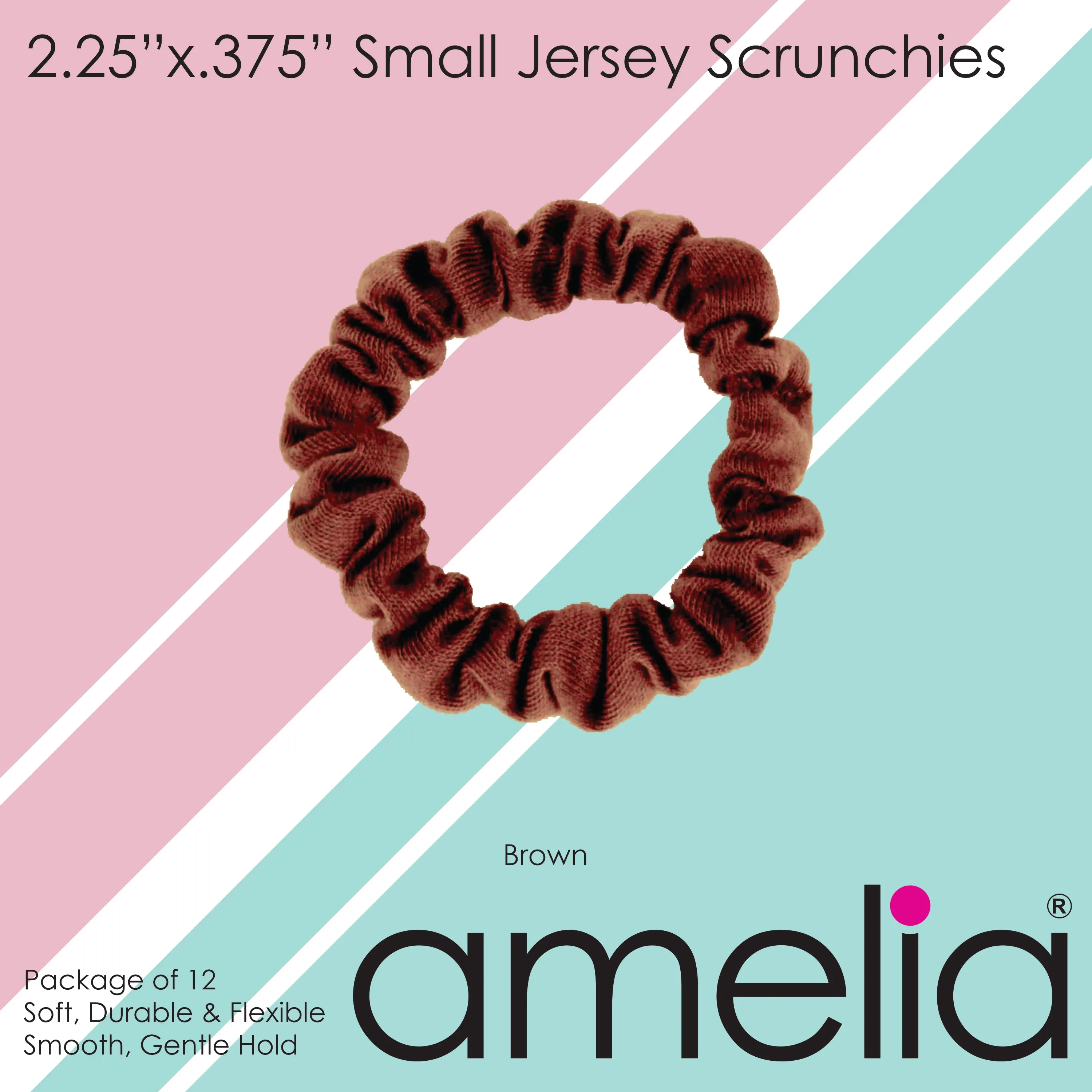 Amelia Beauty, Brown Jersey Scrunchies, 2.25in Diameter, Gentle on Hair, Strong Hold, No Snag, No Dents or Creases. 12 Pack