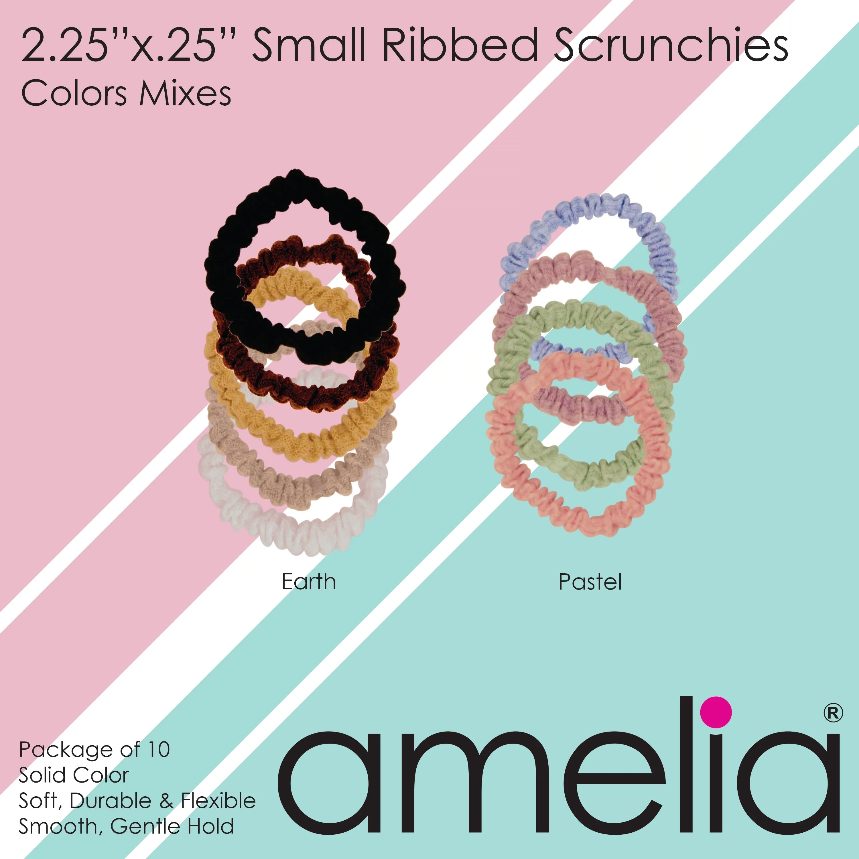 Amelia Beauty, Brown Ribbed Scrunchies, 2.25in Diameter, Gentle on Hair, Strong Hold, No Snag, No Dents or Creases. 10 Pack