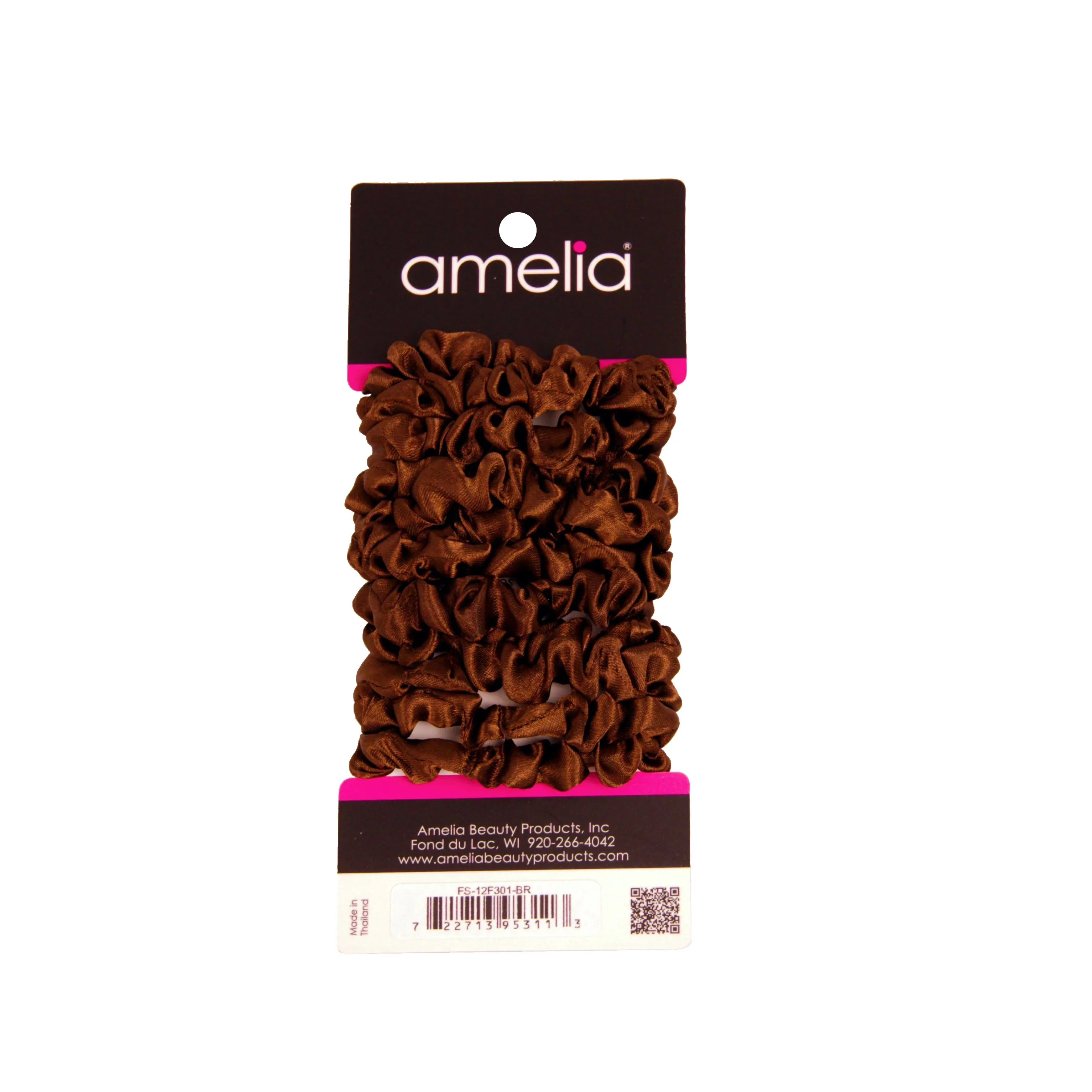 Amelia Beauty, Brown Satin Scrunchies, 2.25in Diameter, Gentle on Hair, Strong Hold, No Snag, No Dents or Creases. 12 Pack