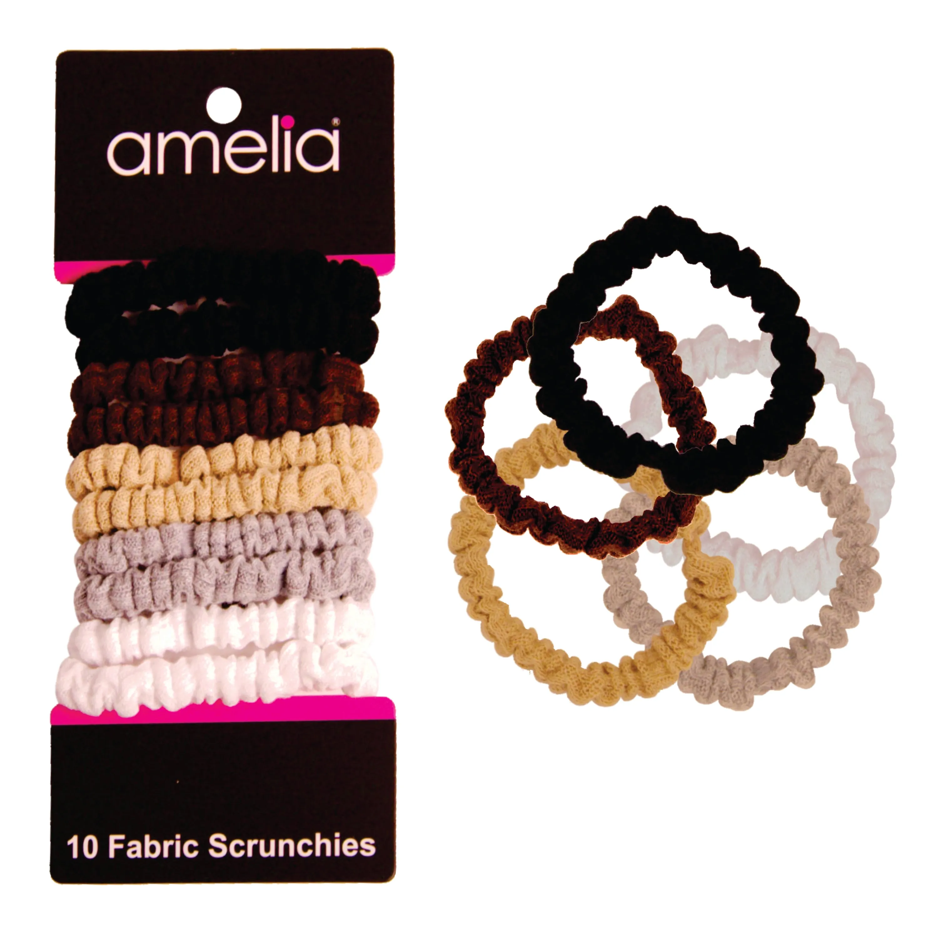 Amelia Beauty, Earth Tone Mix Ribbed Scrunchies, 2.25in Diameter, Gentle on Hair, Strong Hold, No Snag, No Dents or Creases. 10 Pack
