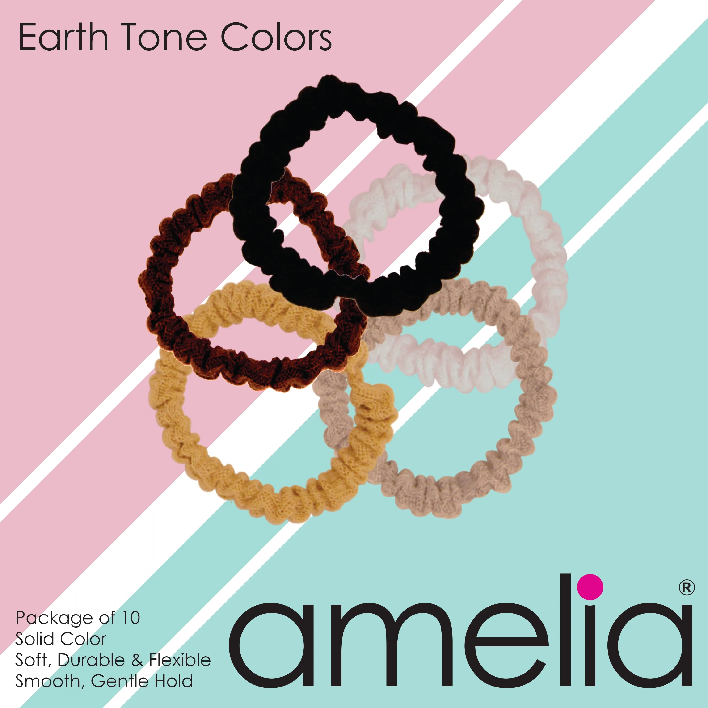 Amelia Beauty, Earth Tone Mix Ribbed Scrunchies, 2.25in Diameter, Gentle on Hair, Strong Hold, No Snag, No Dents or Creases. 10 Pack