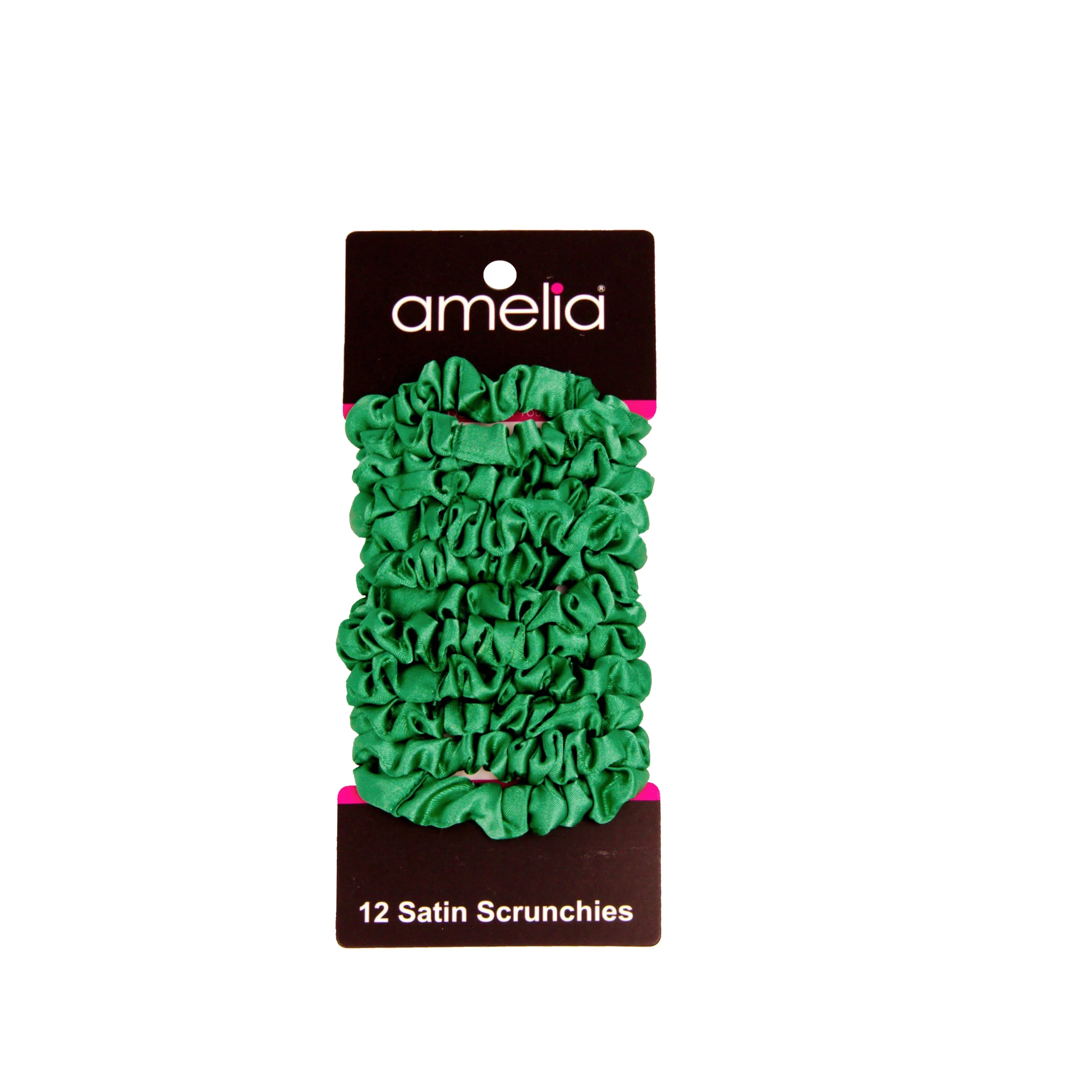 Amelia Beauty, Green Satin Scrunchies, 2.25in Diameter, Gentle on Hair, Strong Hold, No Snag, No Dents or Creases. 12 Pack