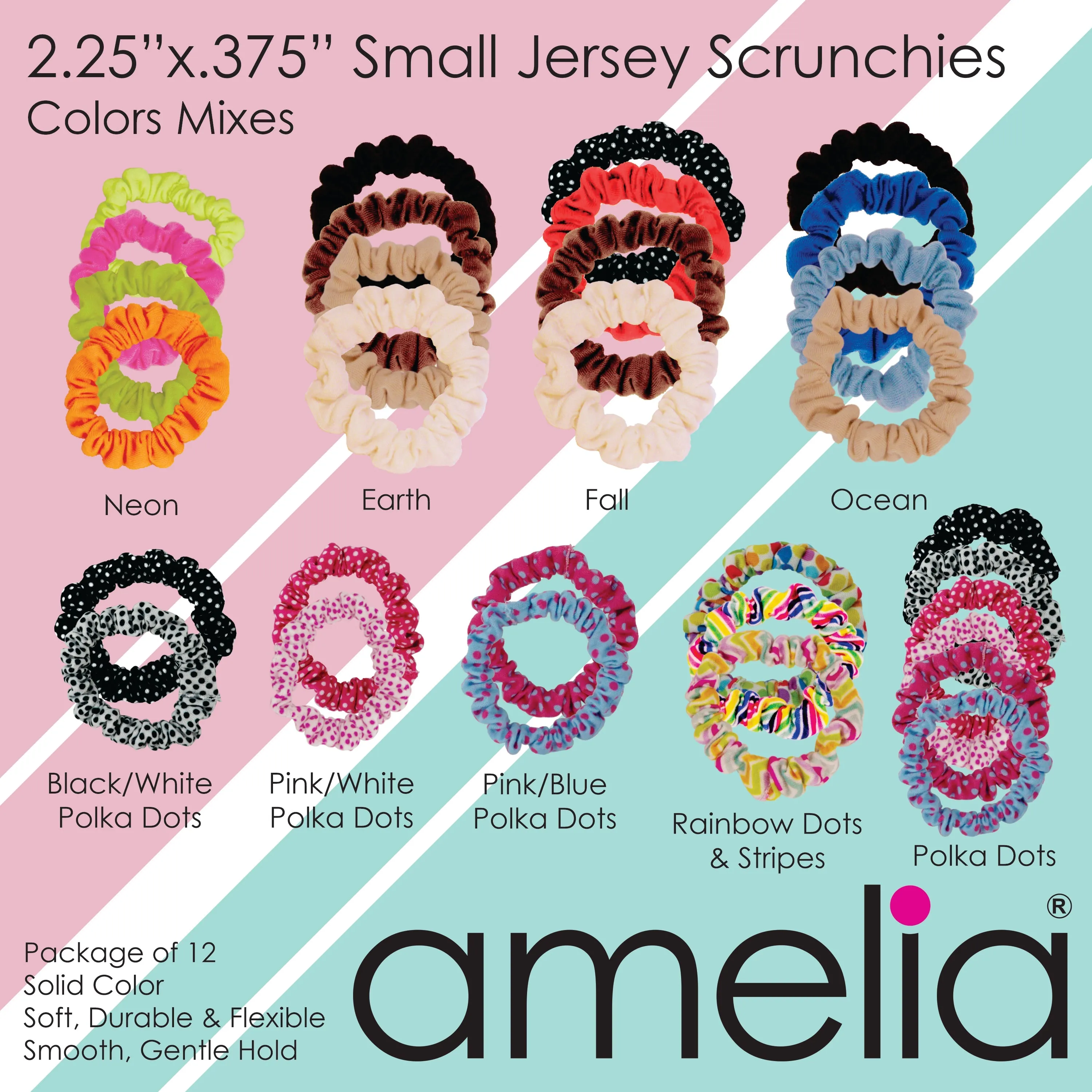 Amelia Beauty, Ocean Colors Jersey Scrunchies, 2.25in Diameter, Gentle on Hair, Strong Hold, No Snag, No Dents or Creases. 12 Pack