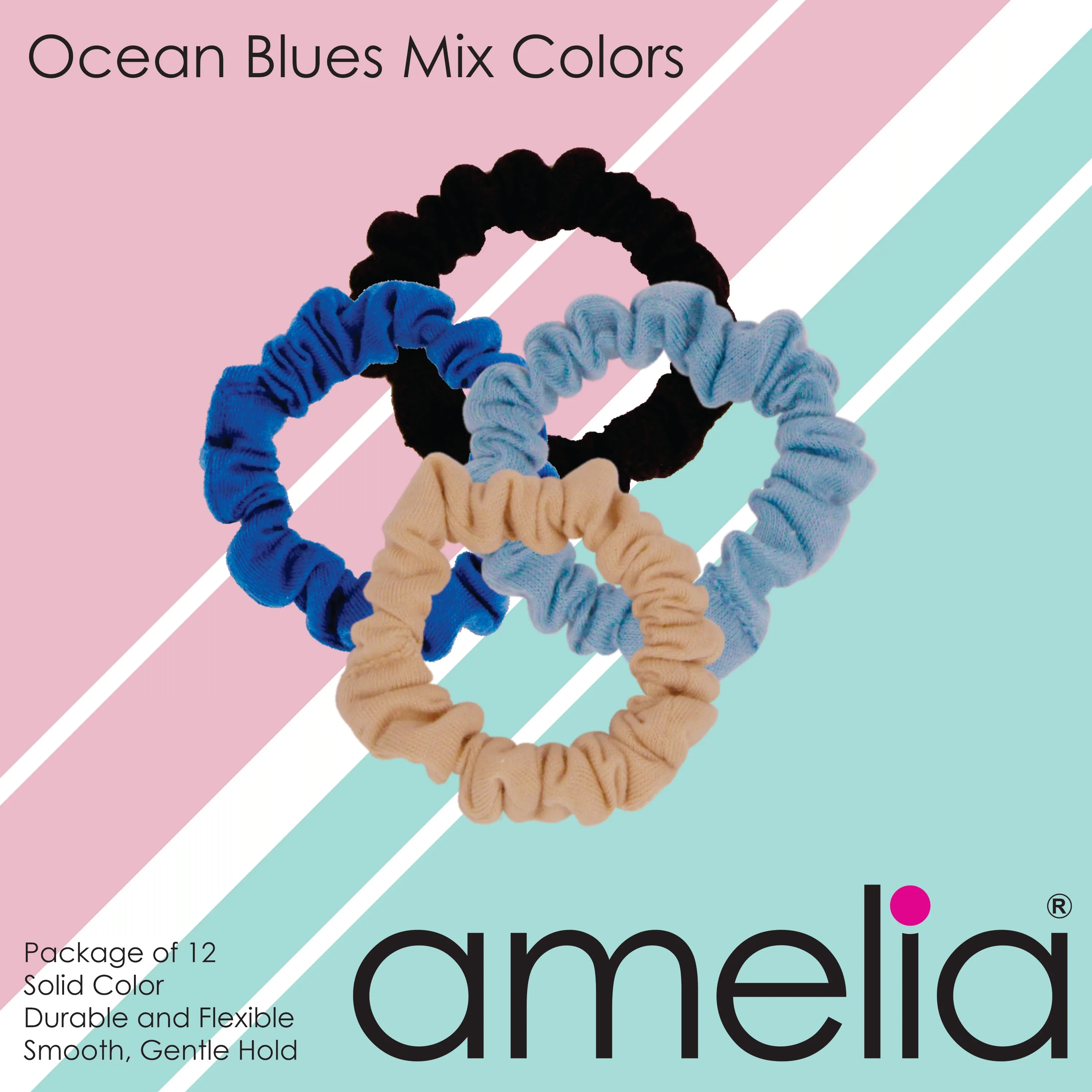 Amelia Beauty, Ocean Colors Jersey Scrunchies, 2.25in Diameter, Gentle on Hair, Strong Hold, No Snag, No Dents or Creases. 12 Pack