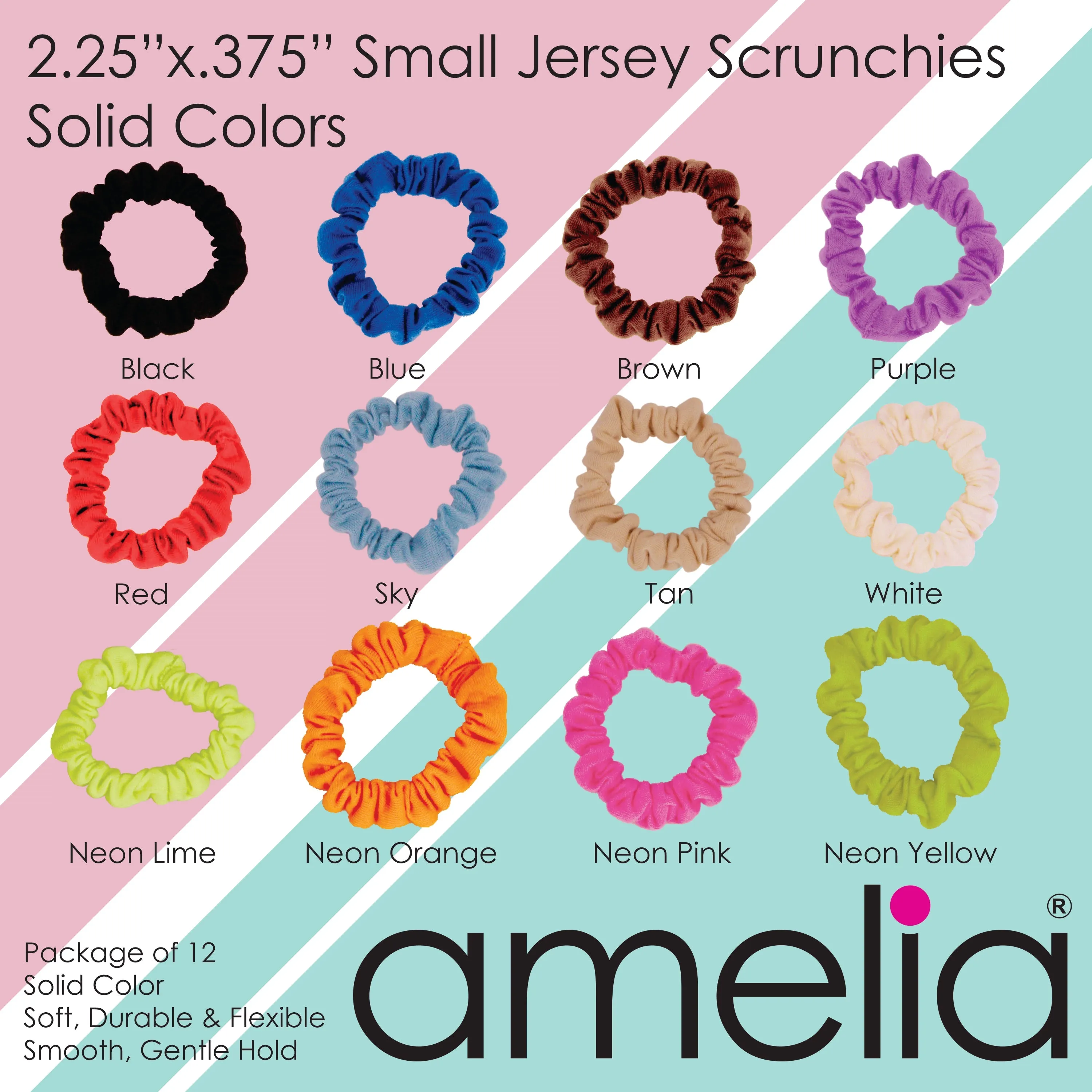 Amelia Beauty, Ocean Colors Jersey Scrunchies, 2.25in Diameter, Gentle on Hair, Strong Hold, No Snag, No Dents or Creases. 12 Pack