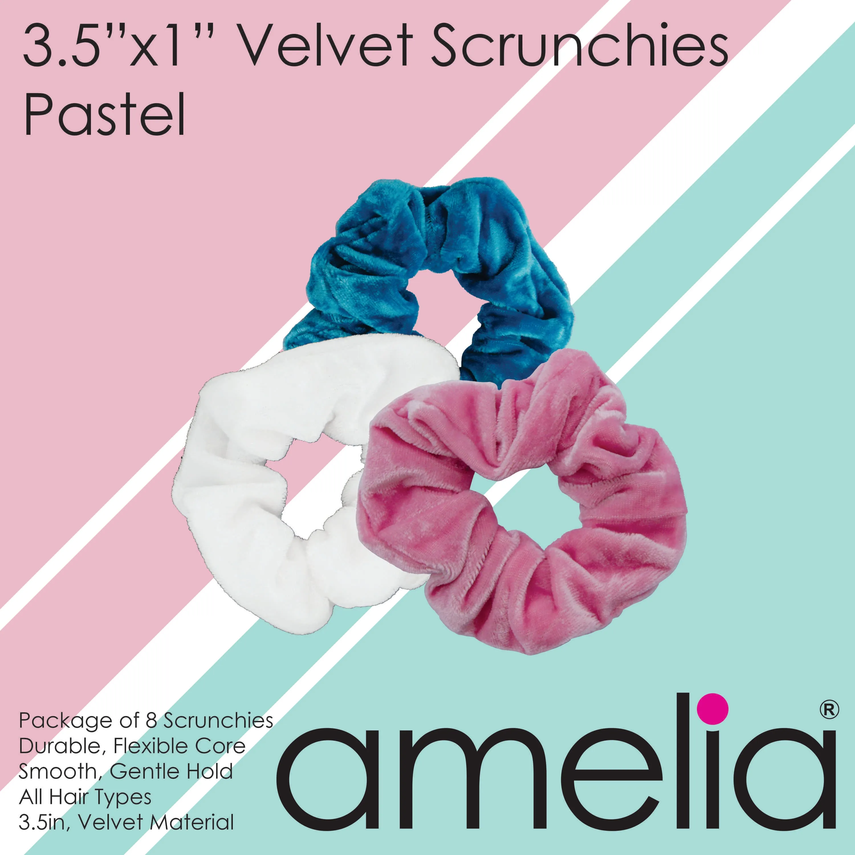 Amelia Beauty, Pastel Mix Velvet Scrunchies, 3.5in Diameter, Gentle on Hair, Strong Hold, No Snag, No Dents or Creases. 8 Pack