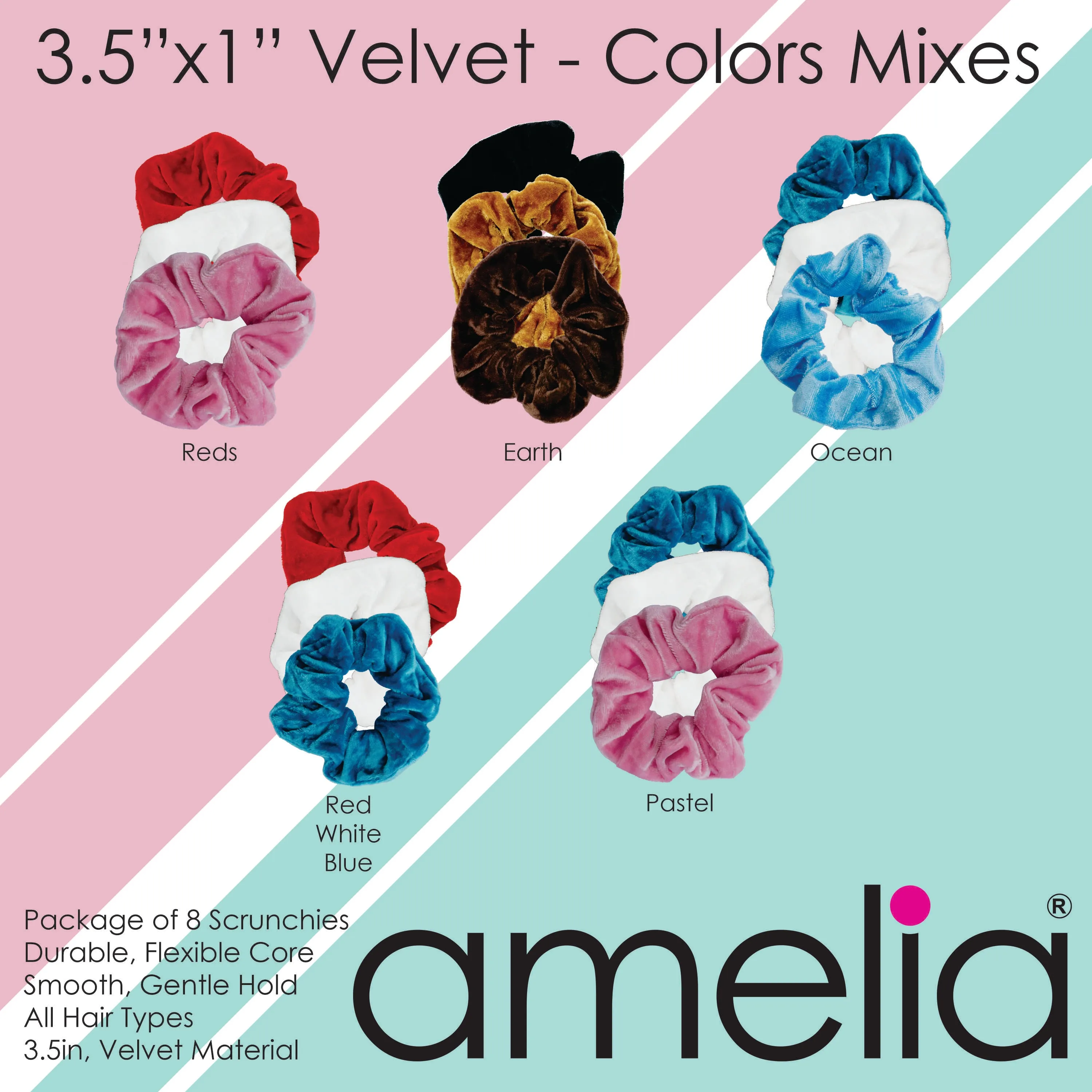 Amelia Beauty, Pastel Mix Velvet Scrunchies, 3.5in Diameter, Gentle on Hair, Strong Hold, No Snag, No Dents or Creases. 8 Pack