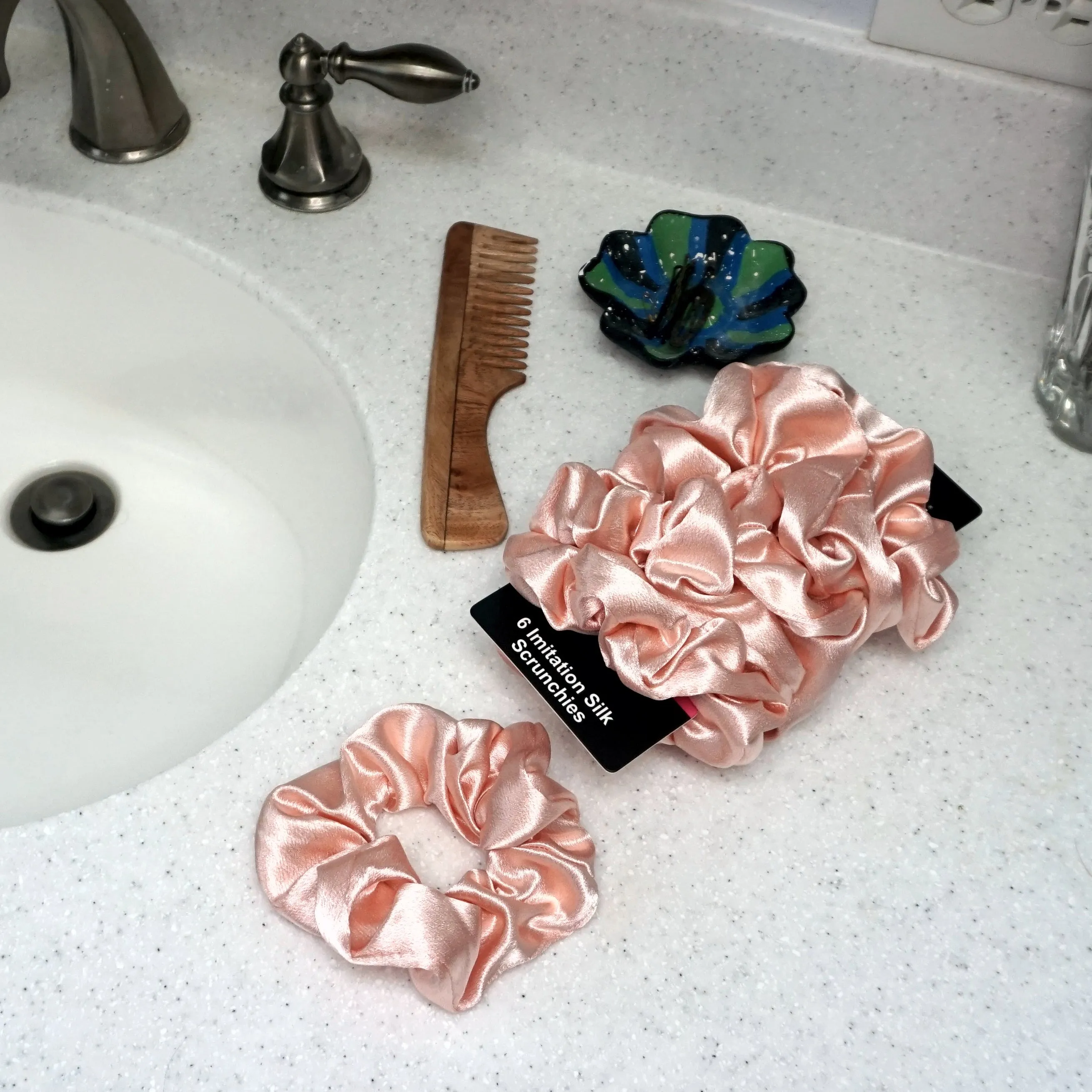 Amelia Beauty, Pastel Pink Imitation Silk Scrunchies, 4.5in Diameter, Gentle on Hair, Strong Hold, No Snag, No Dents or Creases. 6 Pack