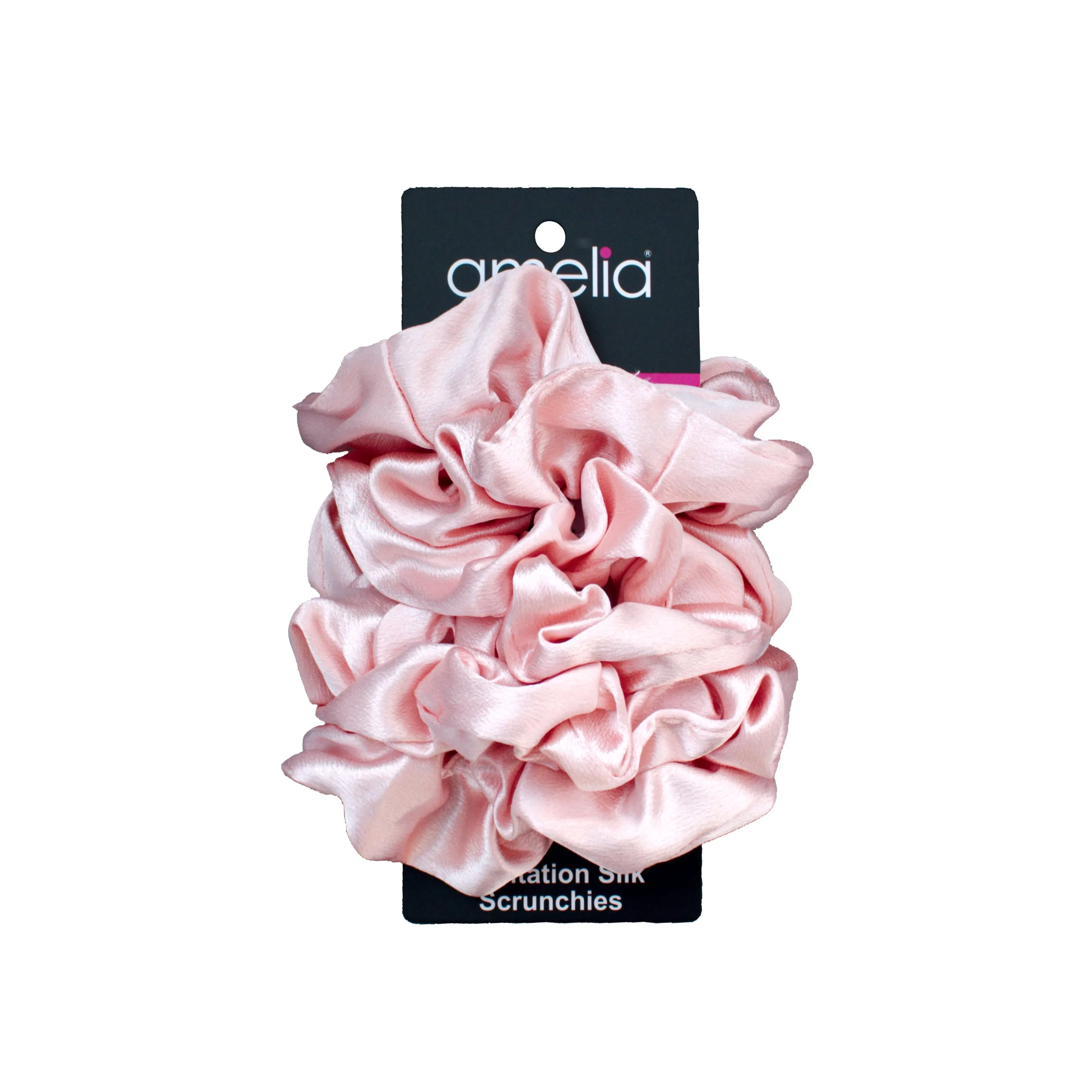 Amelia Beauty, Pastel Pink Imitation Silk Scrunchies, 4.5in Diameter, Gentle on Hair, Strong Hold, No Snag, No Dents or Creases. 6 Pack