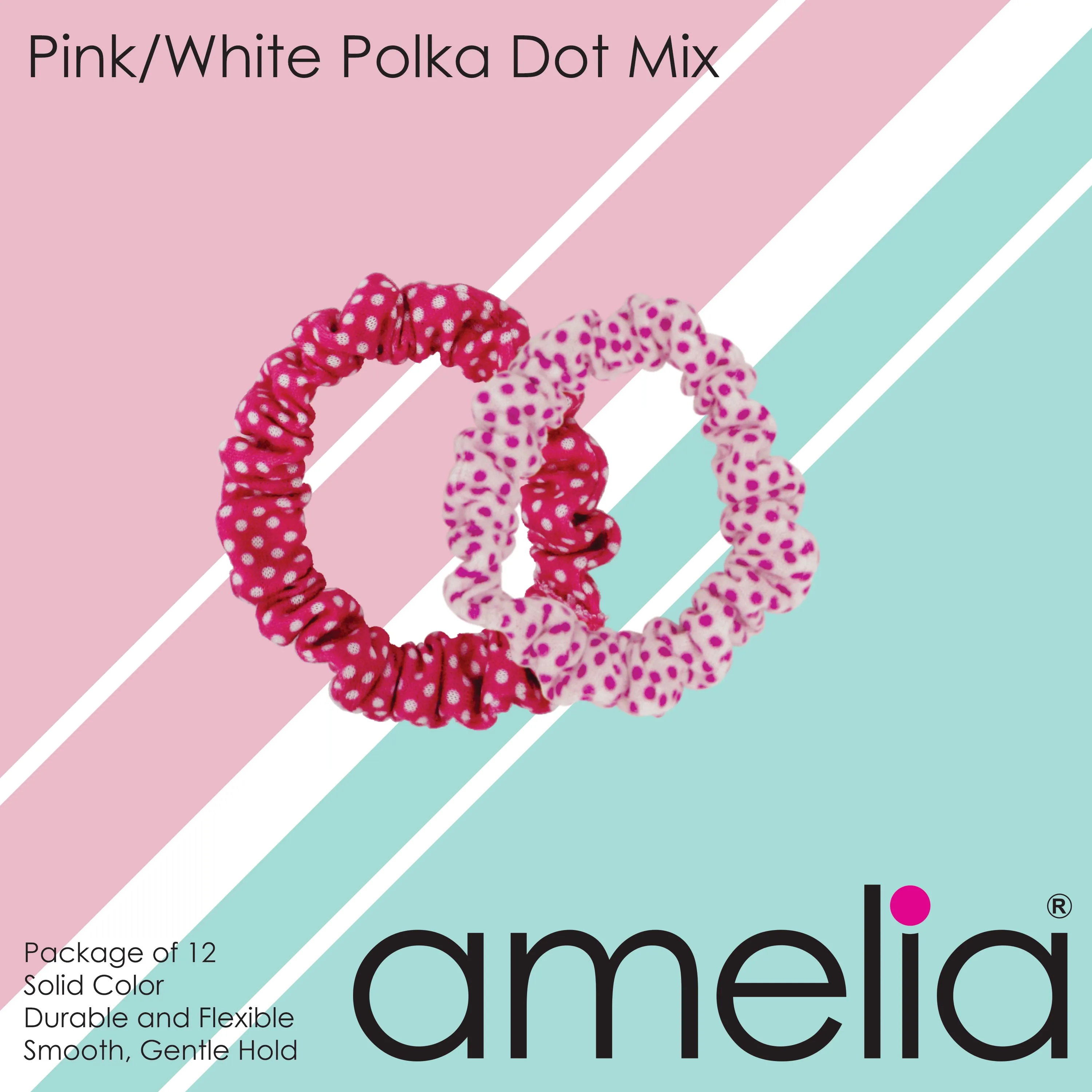 Amelia Beauty, Pink and White Polka Dot Mix Jersey Scrunchies, 2.25in Diameter, Gentle on Hair, Strong Hold, No Snag, No Dents or Creases. 12 Pack