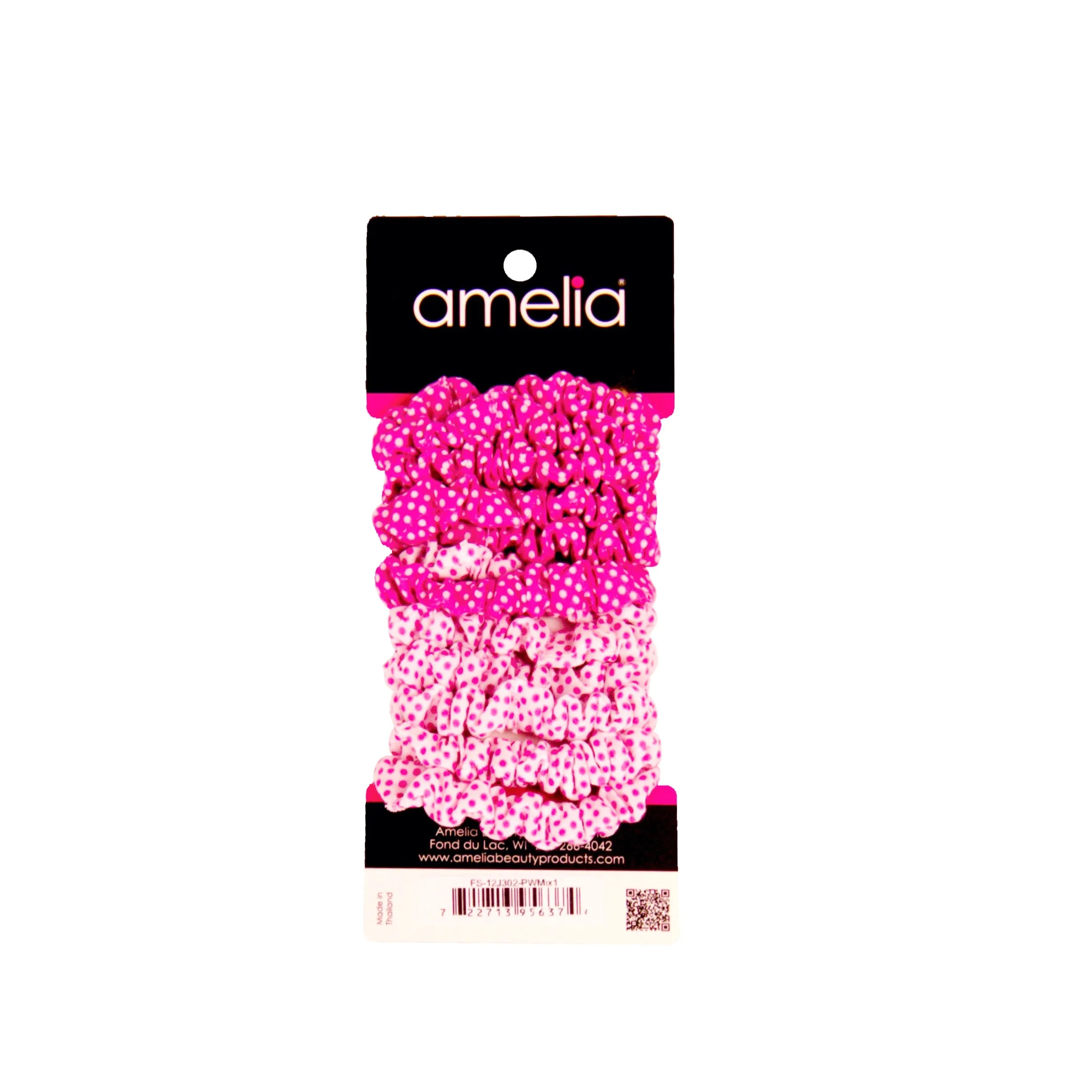 Amelia Beauty, Pink and White Polka Dot Mix Jersey Scrunchies, 2.25in Diameter, Gentle on Hair, Strong Hold, No Snag, No Dents or Creases. 12 Pack