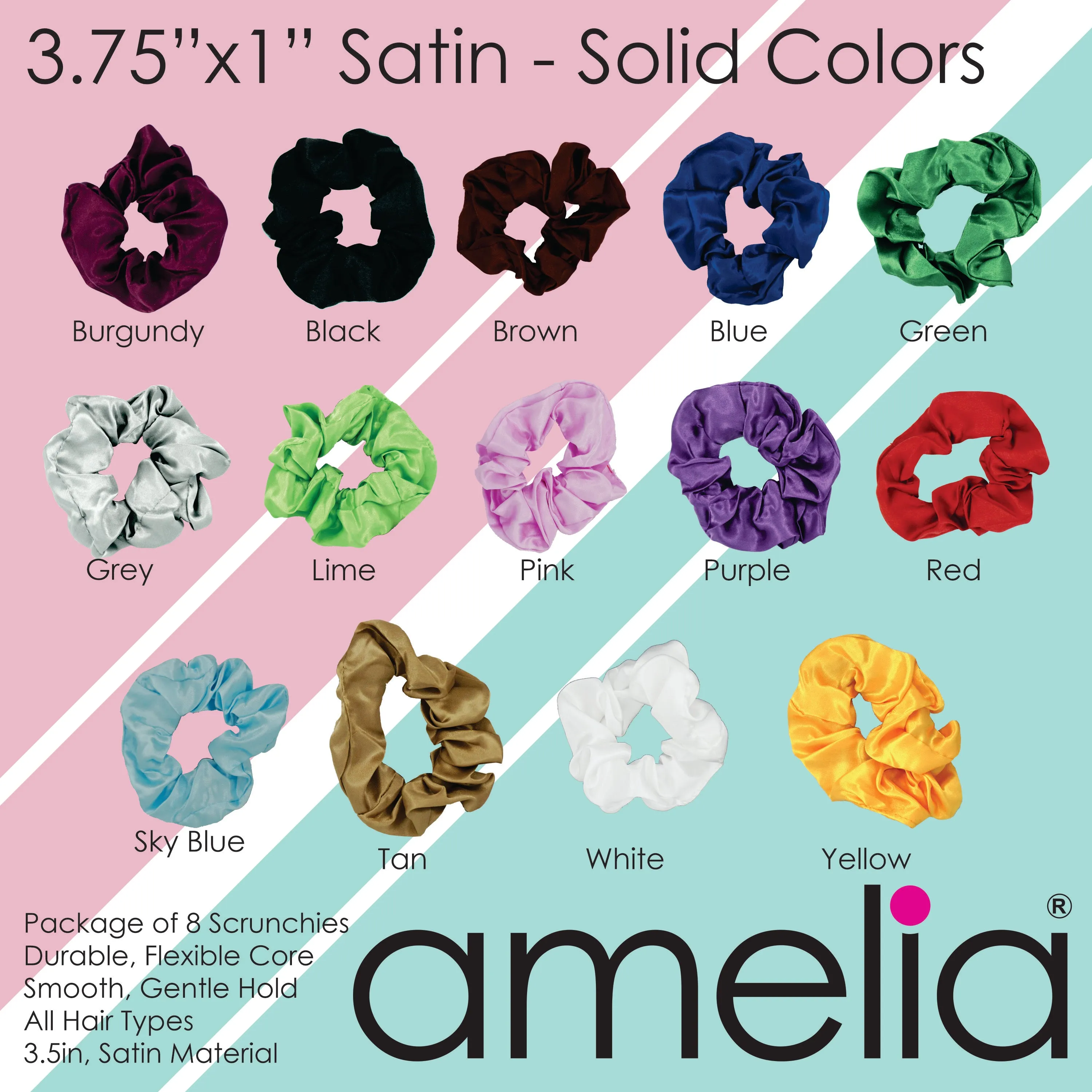 Amelia Beauty Products, Lime Satin Scrunchies, 3.5in Diameter, Gentle on Hair, Strong Hold, No Snag, No Dents or Creases. 8 Pack