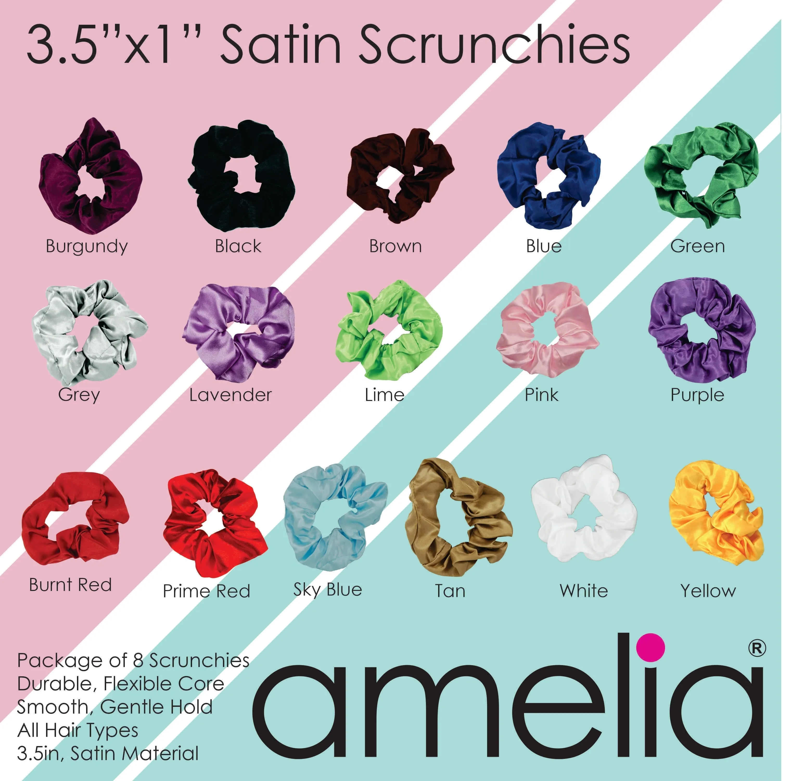 Amelia Beauty Products, Prime Red Satin Scrunchies, 3.5in Diameter, Gentle on Hair, Strong Hold, No Snag, No Dents or Creases. 8 Pack