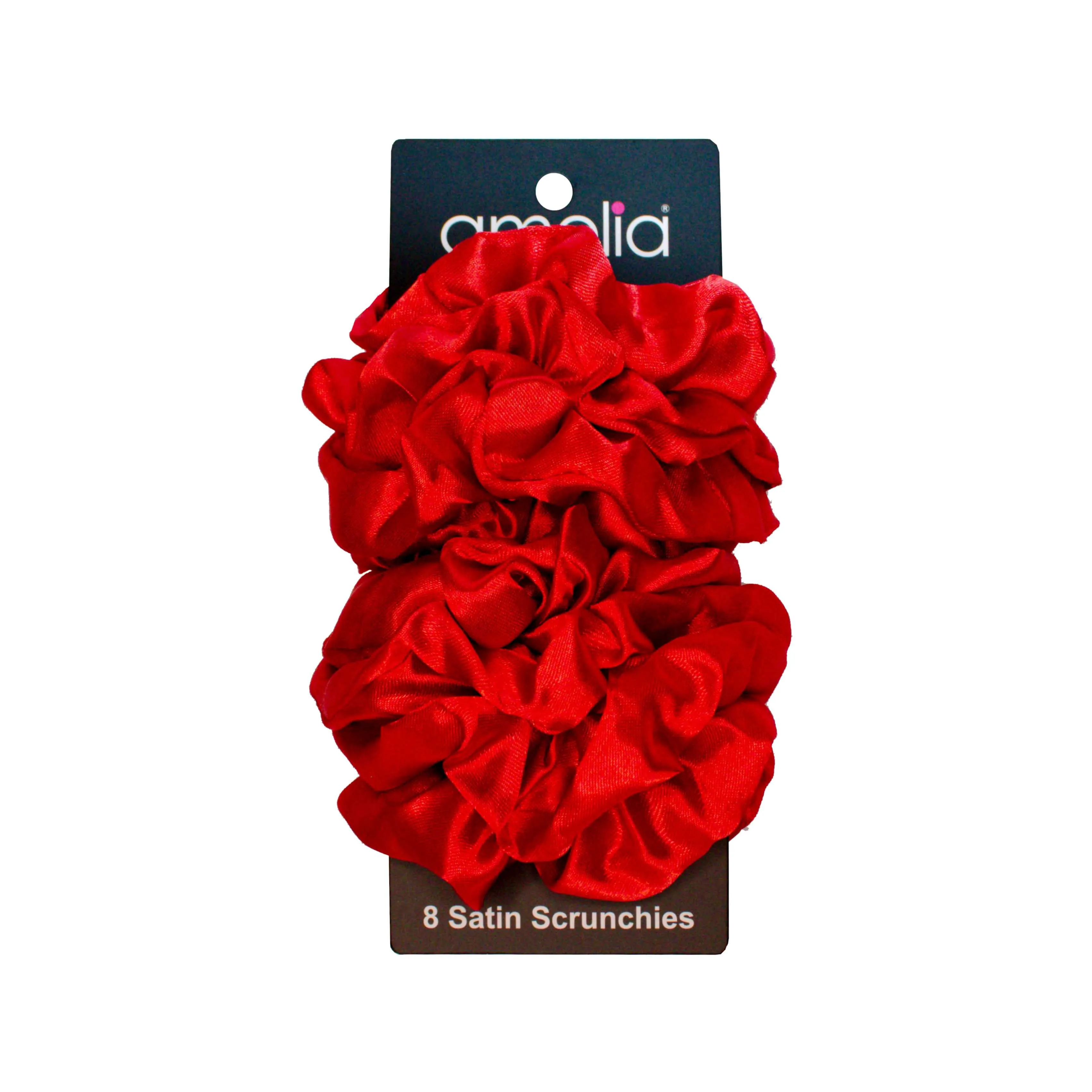 Amelia Beauty Products, Prime Red Satin Scrunchies, 3.5in Diameter, Gentle on Hair, Strong Hold, No Snag, No Dents or Creases. 8 Pack