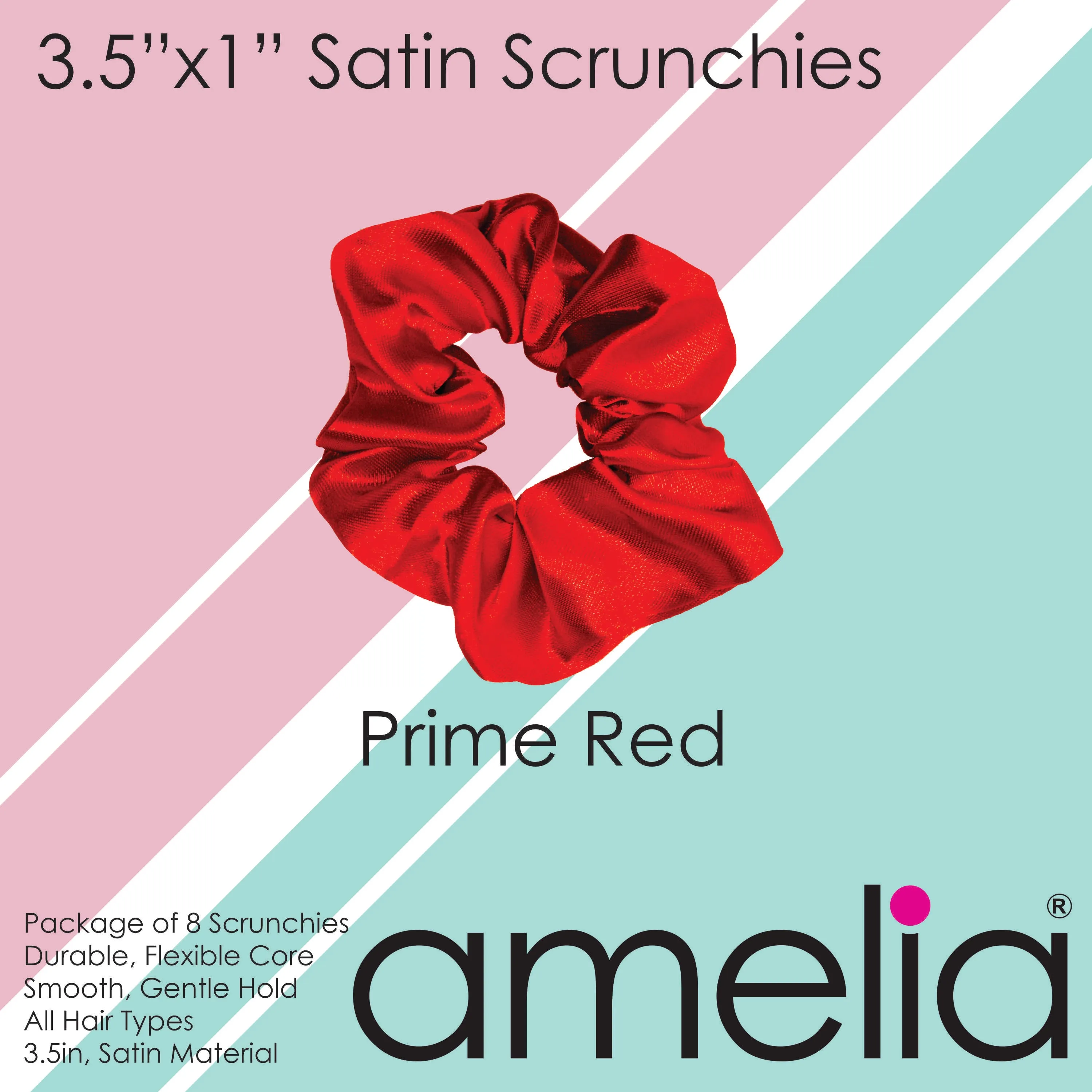 Amelia Beauty Products, Prime Red Satin Scrunchies, 3.5in Diameter, Gentle on Hair, Strong Hold, No Snag, No Dents or Creases. 8 Pack