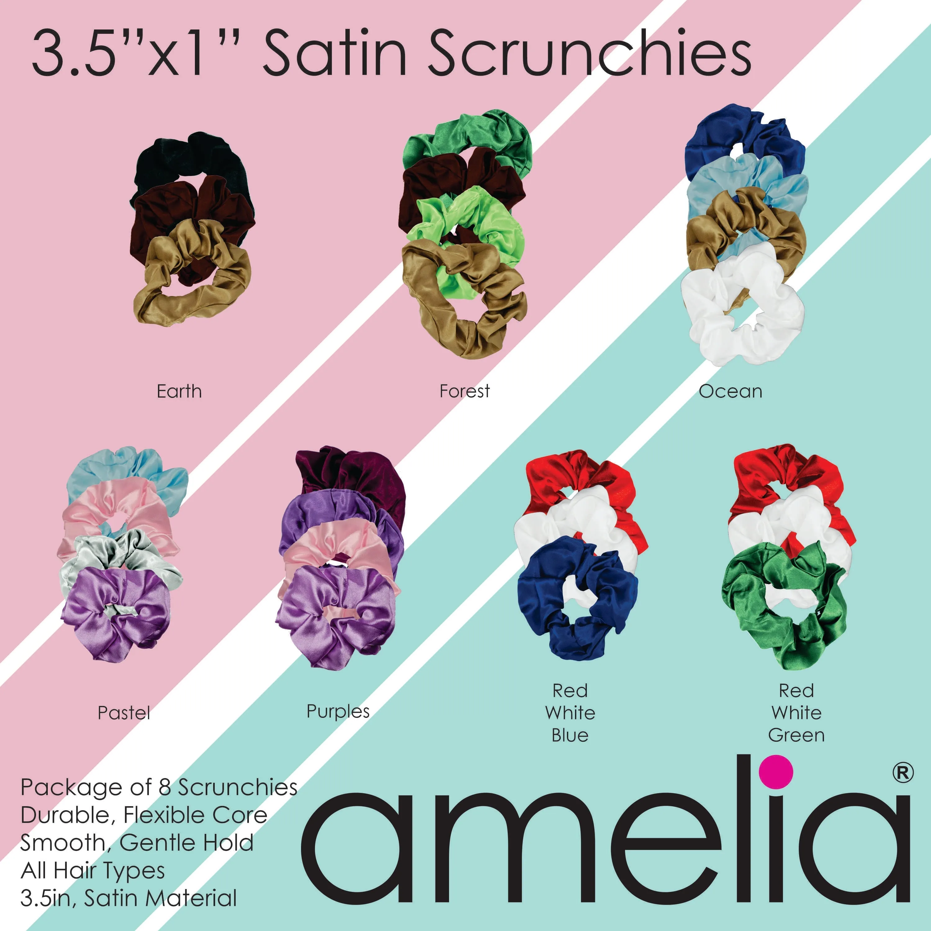 Amelia Beauty Products, Prime Red Satin Scrunchies, 3.5in Diameter, Gentle on Hair, Strong Hold, No Snag, No Dents or Creases. 8 Pack