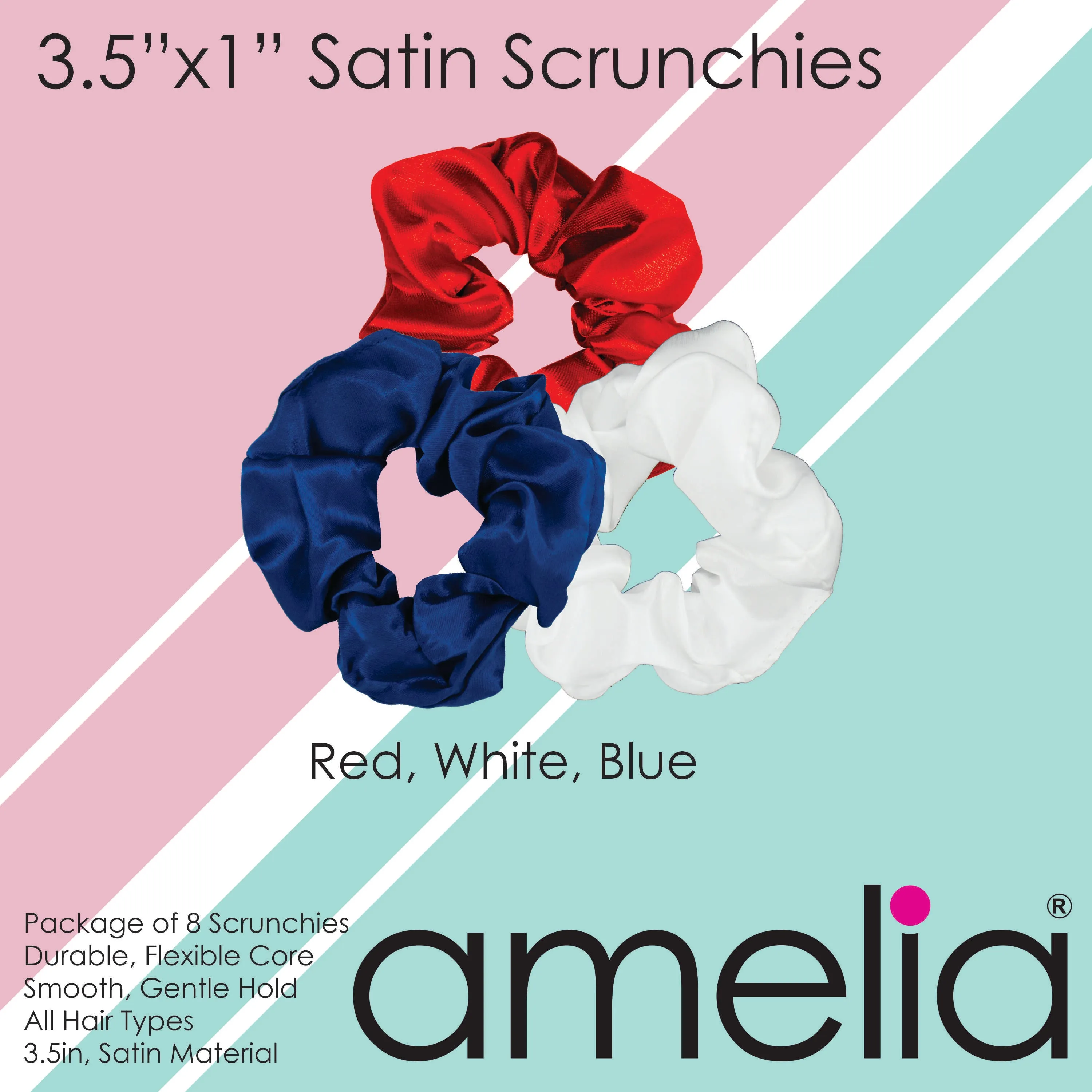 Amelia Beauty Products, Red, White and Blue Satin Scrunchies, 3.5in Diameter, Gentle on Hair, Strong Hold, No Snag, No Dents or Creases. 8 Pack