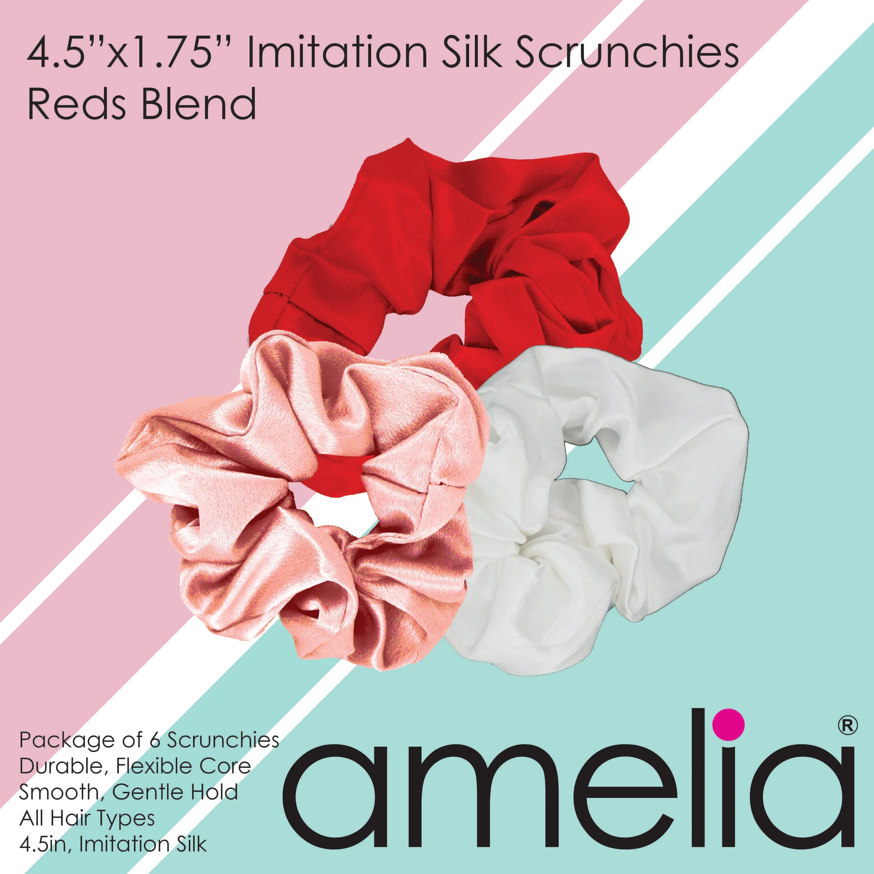 Amelia Beauty Products, Reds Mix Imitation Silk Scrunchies, 4.5in Diameter, Gentle on Hair, Strong Hold, No Snag, No Dents or Creases. 6 Pack