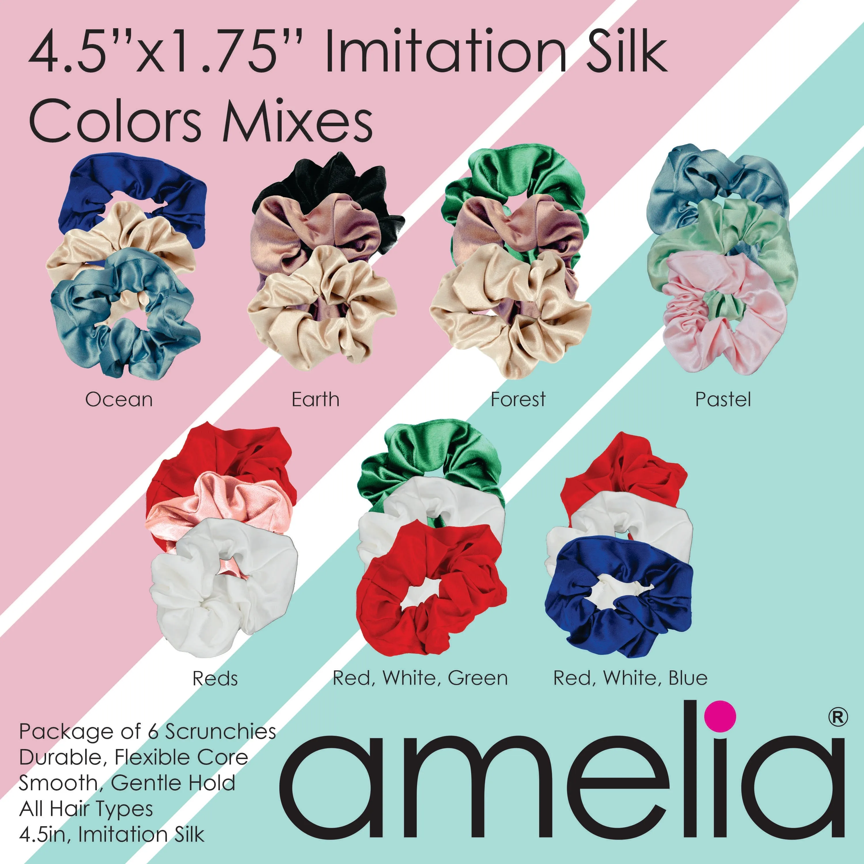 Amelia Beauty Products, Reds Mix Imitation Silk Scrunchies, 4.5in Diameter, Gentle on Hair, Strong Hold, No Snag, No Dents or Creases. 6 Pack