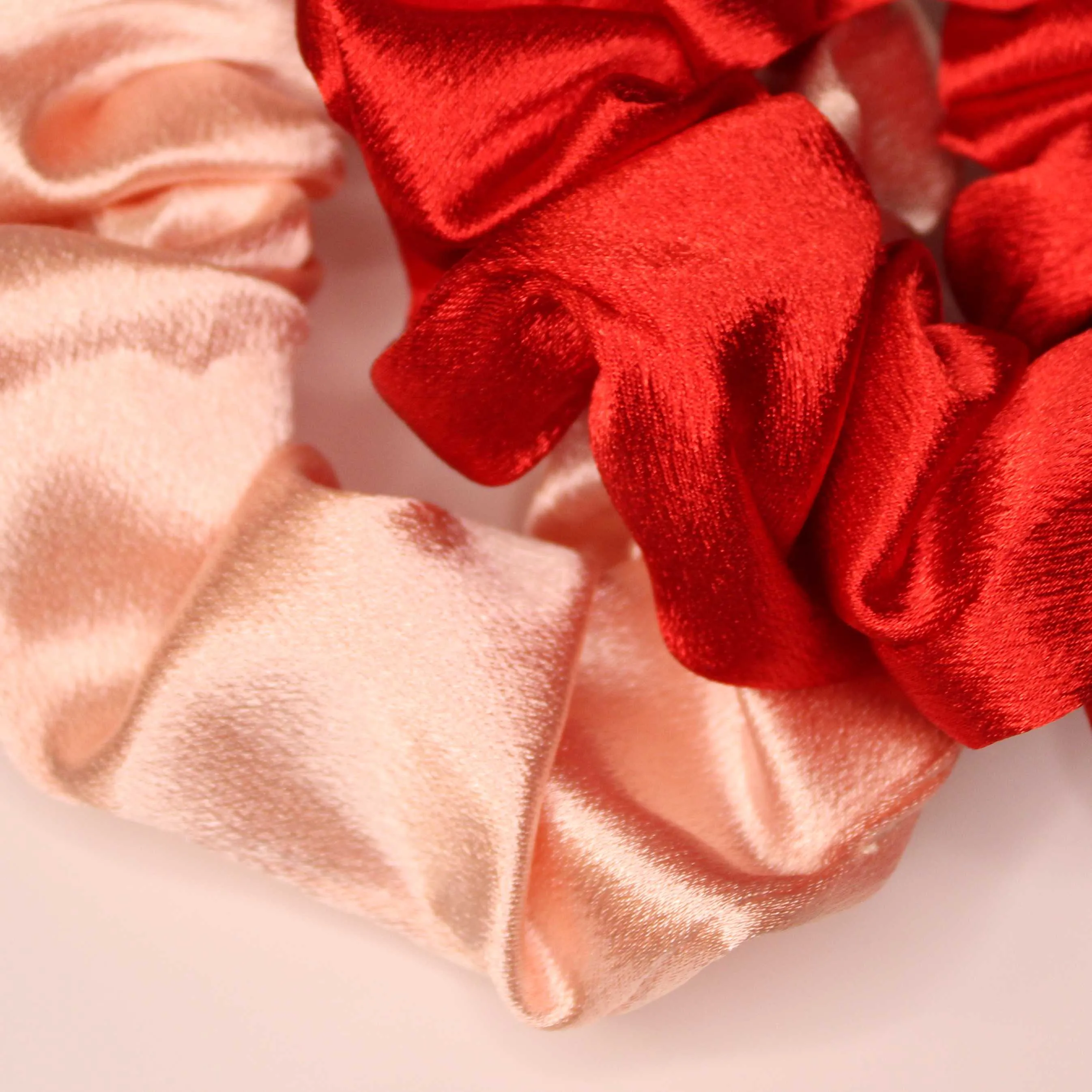 Amelia Beauty Products, Reds Mix Imitation Silk Scrunchies, 4.5in Diameter, Gentle on Hair, Strong Hold, No Snag, No Dents or Creases. 6 Pack