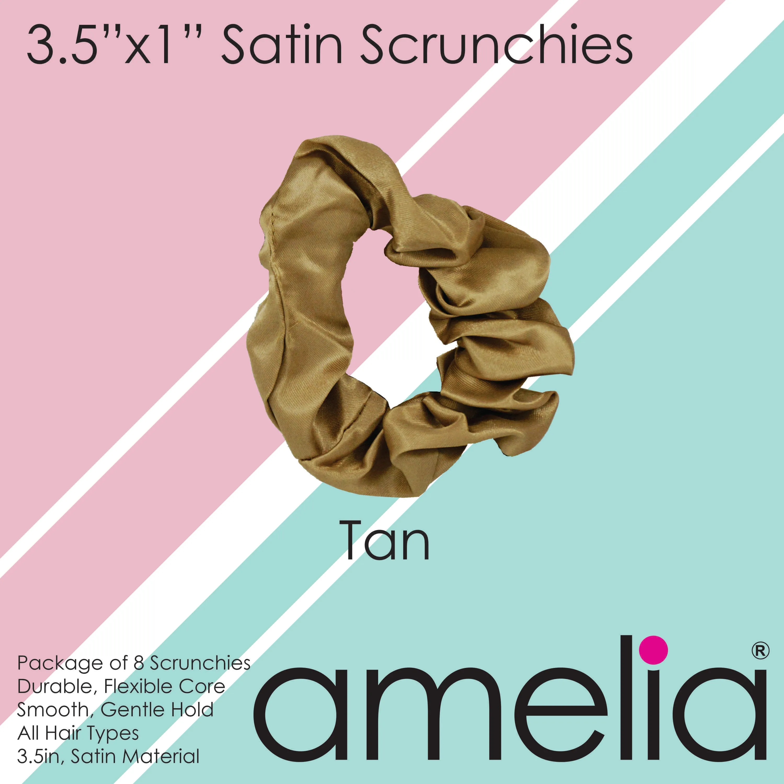 Amelia Beauty Products, Tan Satin Scrunchies, 3.5in Diameter, Gentle on Hair, Strong Hold, No Snag, No Dents or Creases. 8 Pack