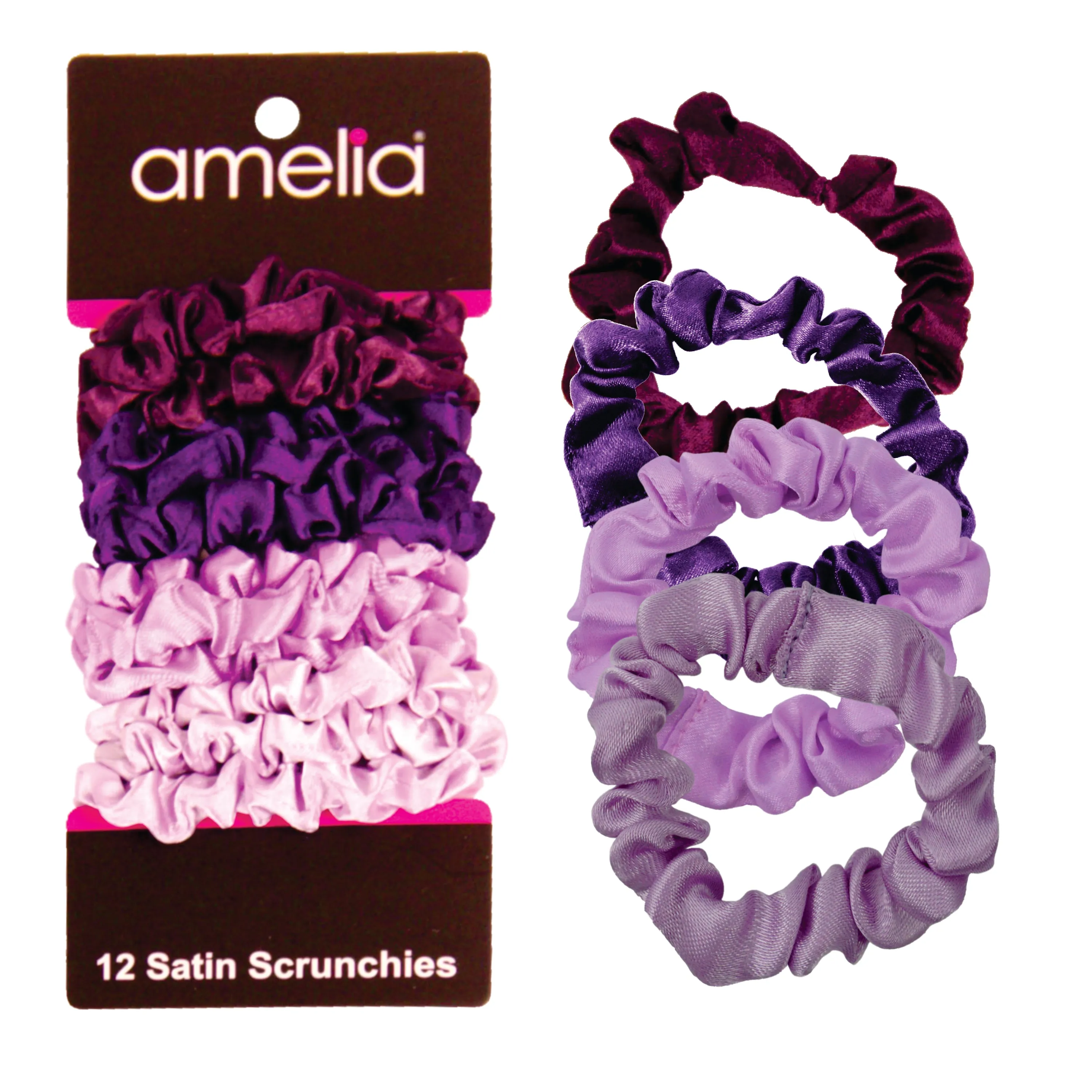 Amelia Beauty, Purple Mix Satin Scrunchies, 2.25in Diameter, Gentle on Hair, Strong Hold, No Snag, No Dents or Creases. 12 Pack