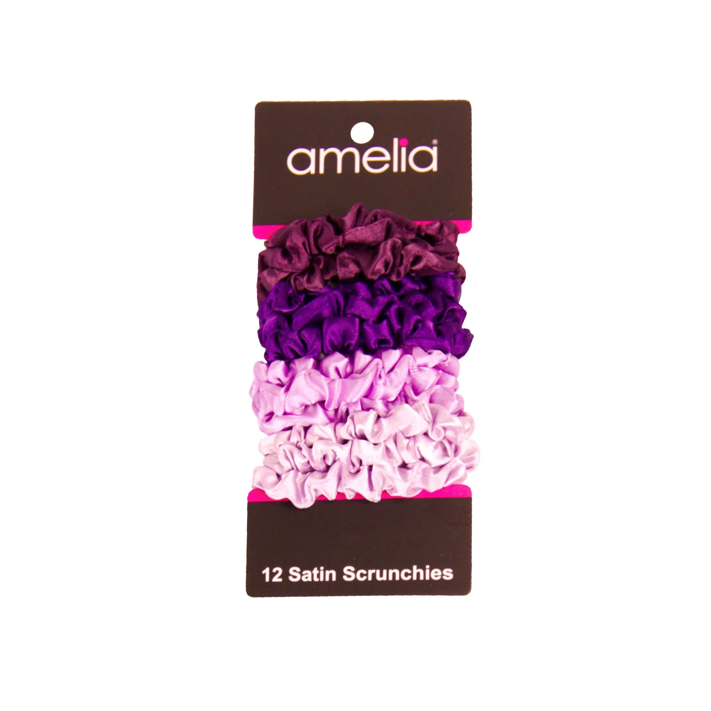 Amelia Beauty, Purple Mix Satin Scrunchies, 2.25in Diameter, Gentle on Hair, Strong Hold, No Snag, No Dents or Creases. 12 Pack