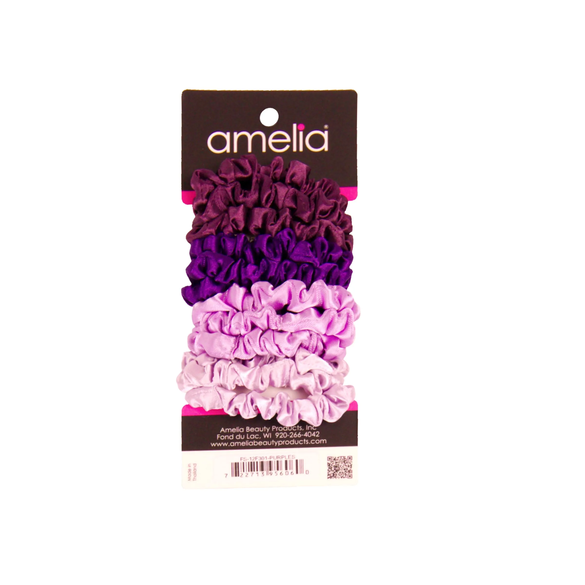 Amelia Beauty, Purple Mix Satin Scrunchies, 2.25in Diameter, Gentle on Hair, Strong Hold, No Snag, No Dents or Creases. 12 Pack