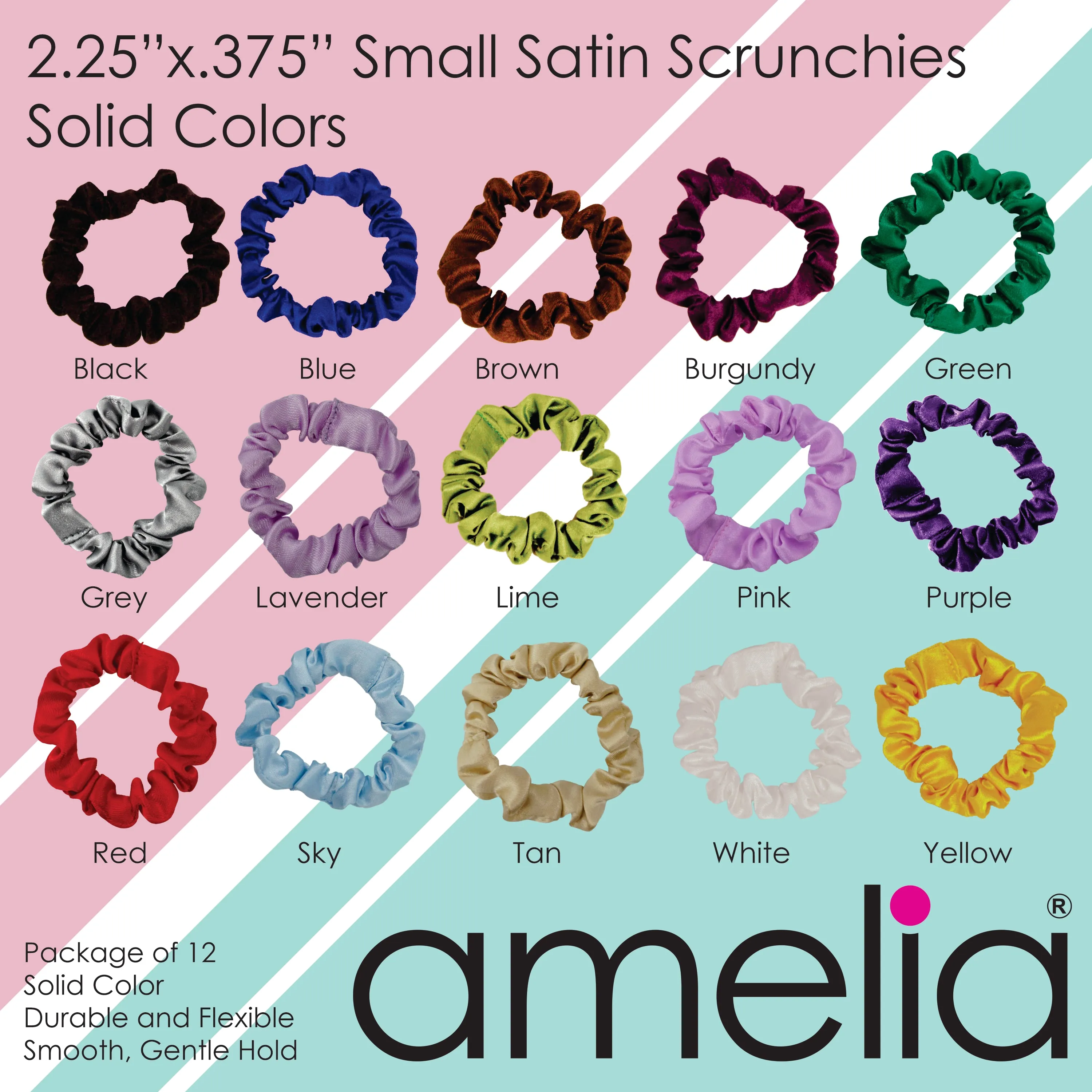 Amelia Beauty, Purple Mix Satin Scrunchies, 2.25in Diameter, Gentle on Hair, Strong Hold, No Snag, No Dents or Creases. 12 Pack