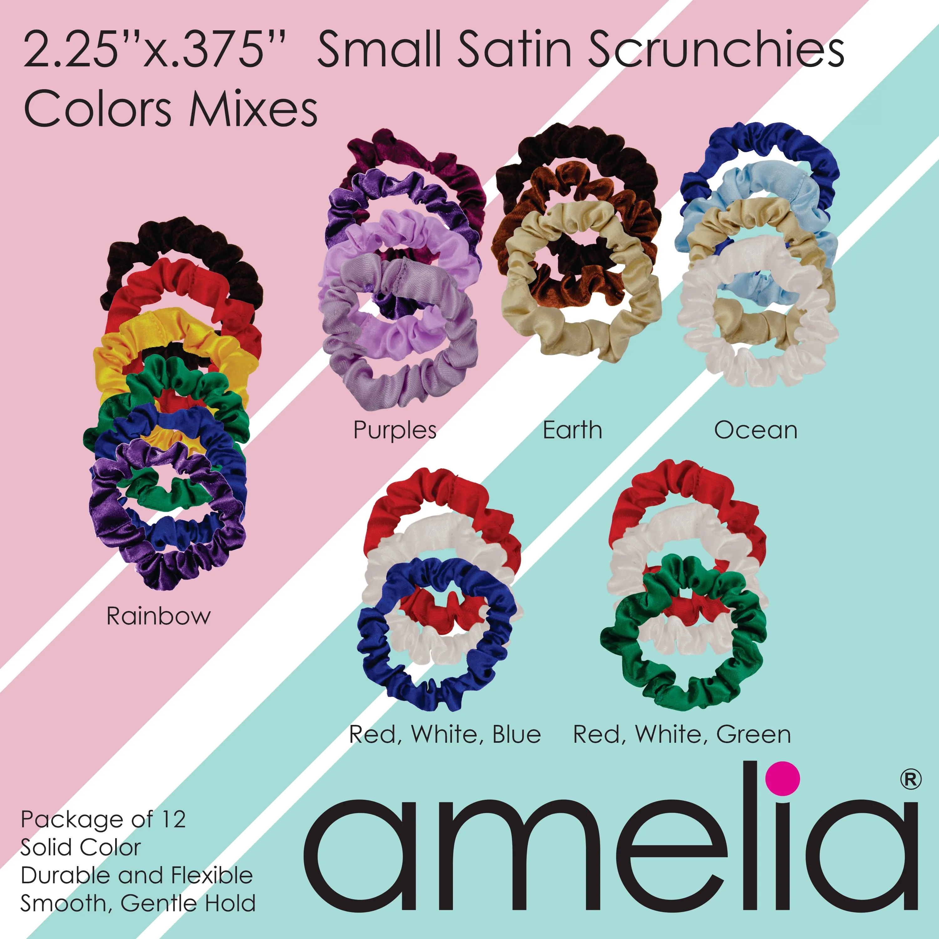 Amelia Beauty, Purple Mix Satin Scrunchies, 2.25in Diameter, Gentle on Hair, Strong Hold, No Snag, No Dents or Creases. 12 Pack