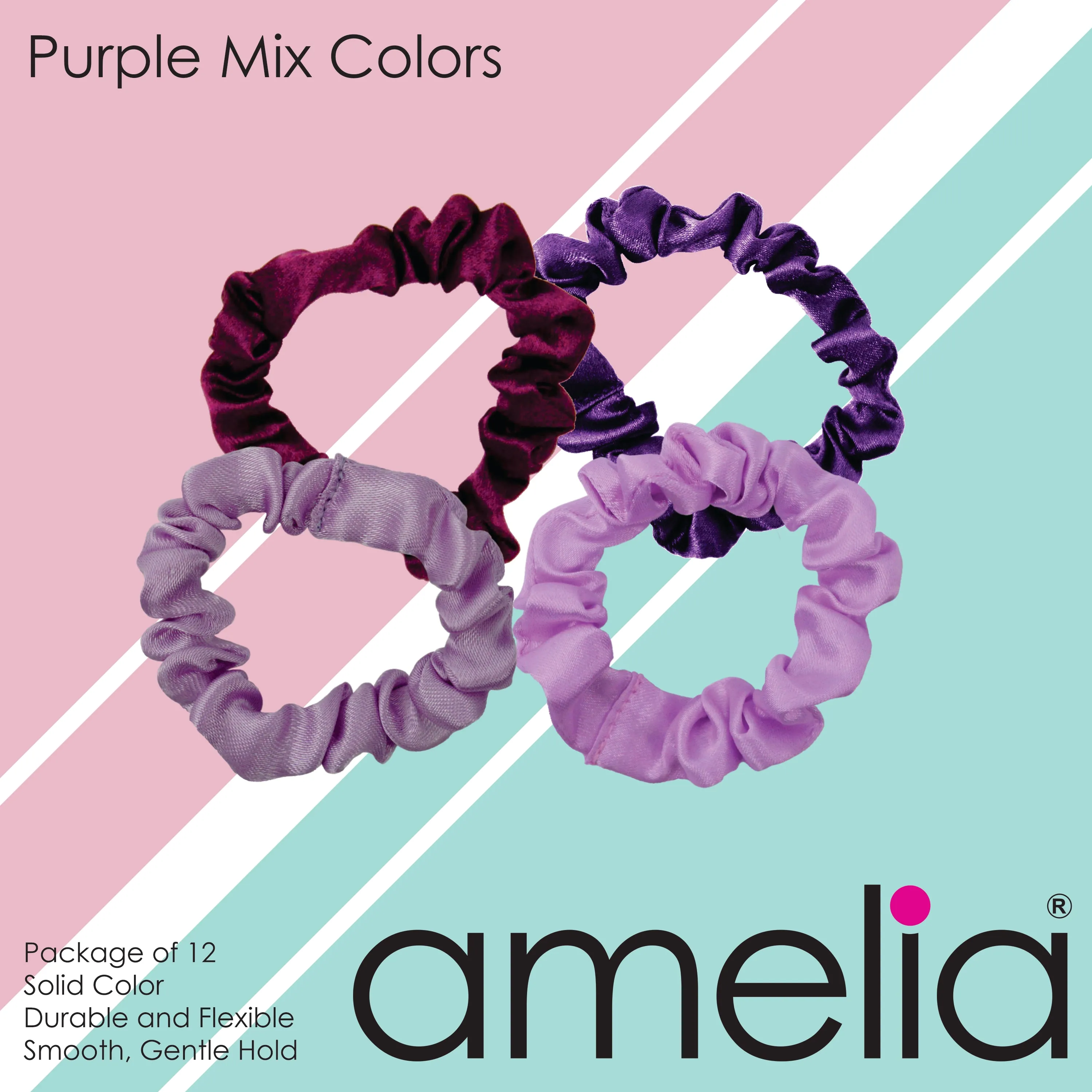 Amelia Beauty, Purple Mix Satin Scrunchies, 2.25in Diameter, Gentle on Hair, Strong Hold, No Snag, No Dents or Creases. 12 Pack