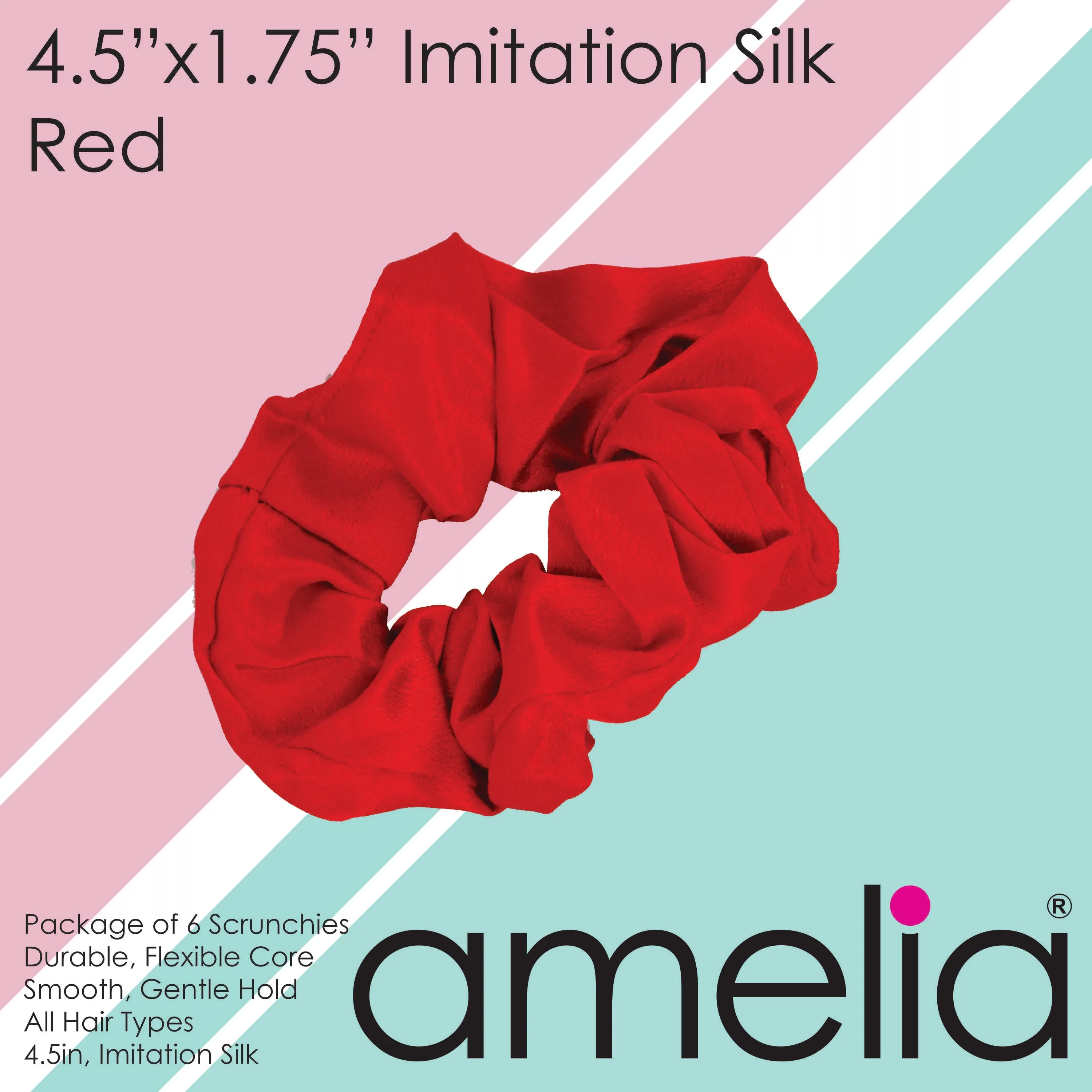 Amelia Beauty, Red Imitation Silk Scrunchies, 4.5in Diameter, Gentle on Hair, Strong Hold, No Snag, No Dents or Creases. 6 Pack