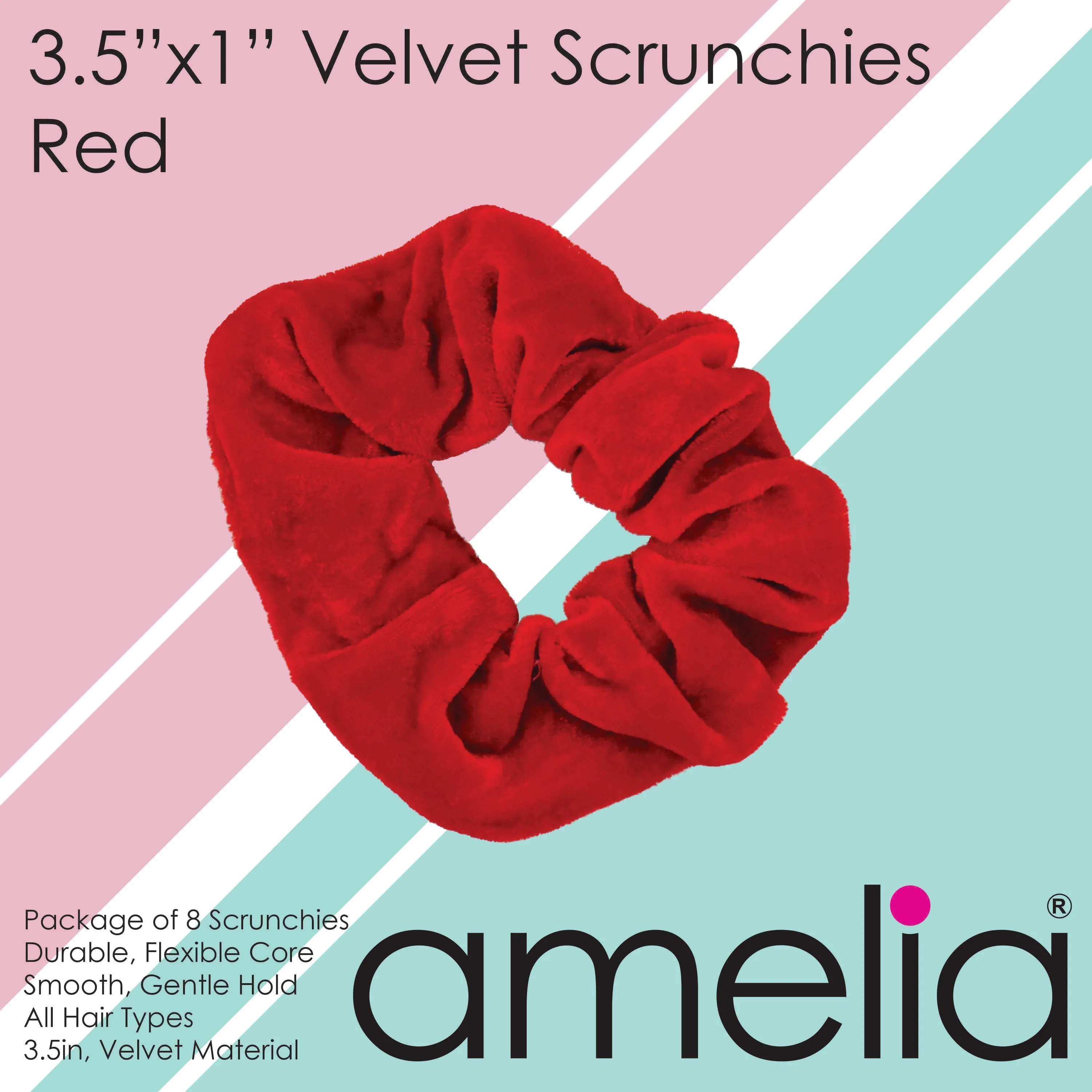 Amelia Beauty, Red Velvet Scrunchies, 3.5in Diameter, Gentle on Hair, Strong Hold, No Snag, No Dents or Creases. 8 Pack
