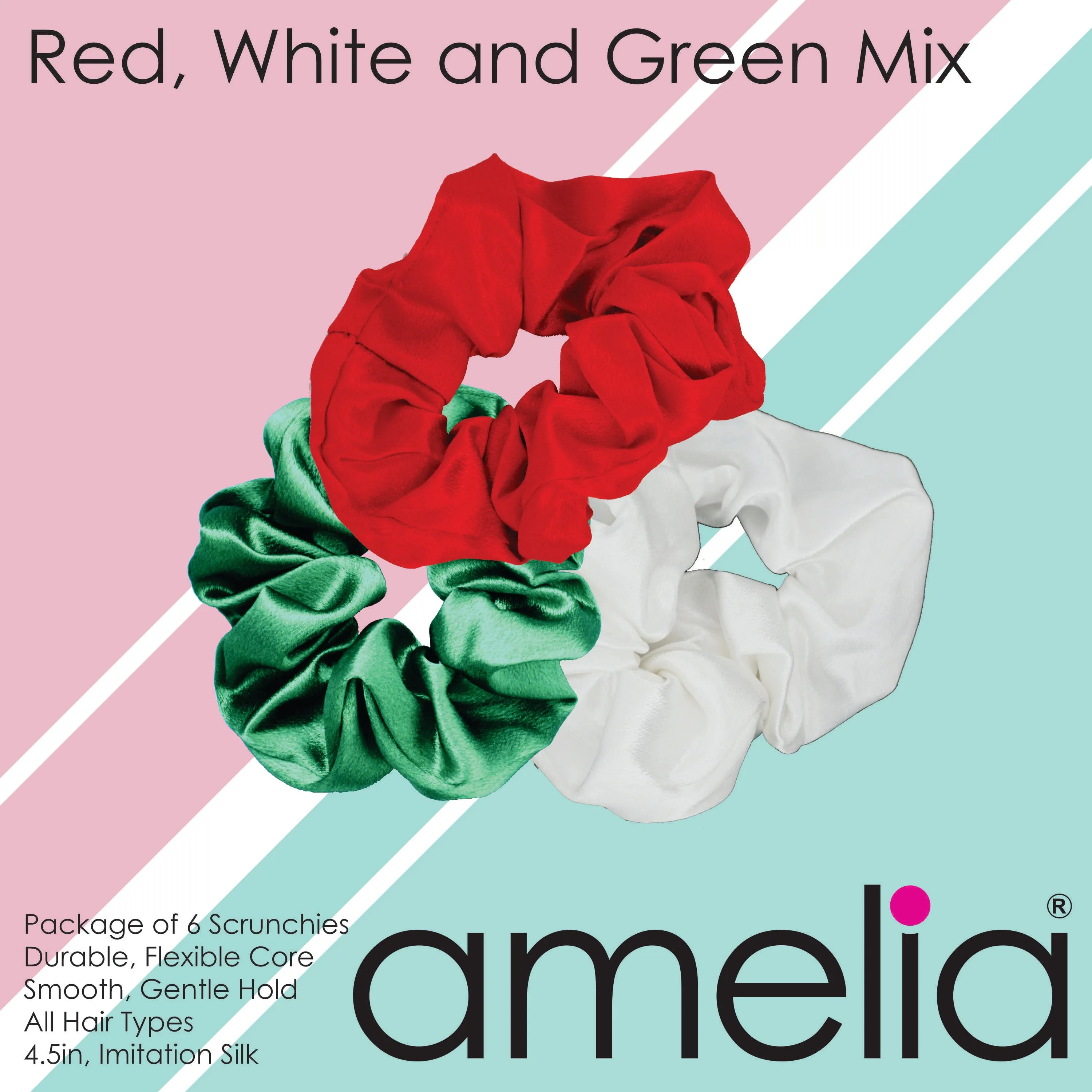 Amelia Beauty, Red, White and Green Mix Imitation Silk Scrunchies, 4.5in Diameter, Gentle on Hair, Strong Hold, No Snag, No Dents or Creases. 6 Pack