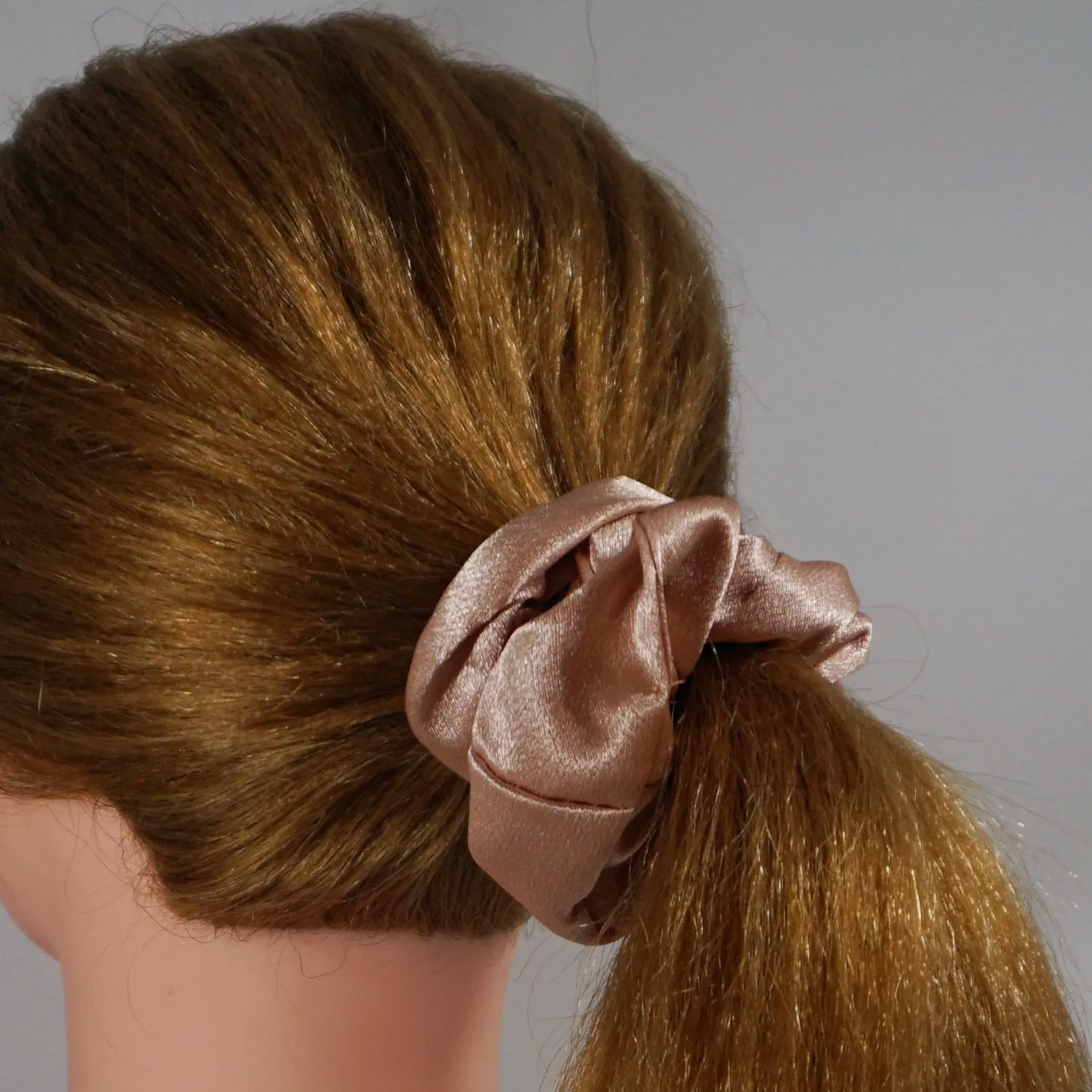 Amelia Beauty, Tan Imitation Silk Scrunchies, 4.5in Diameter, Gentle on Hair, Strong Hold, No Snag, No Dents or Creases. 6 Pack