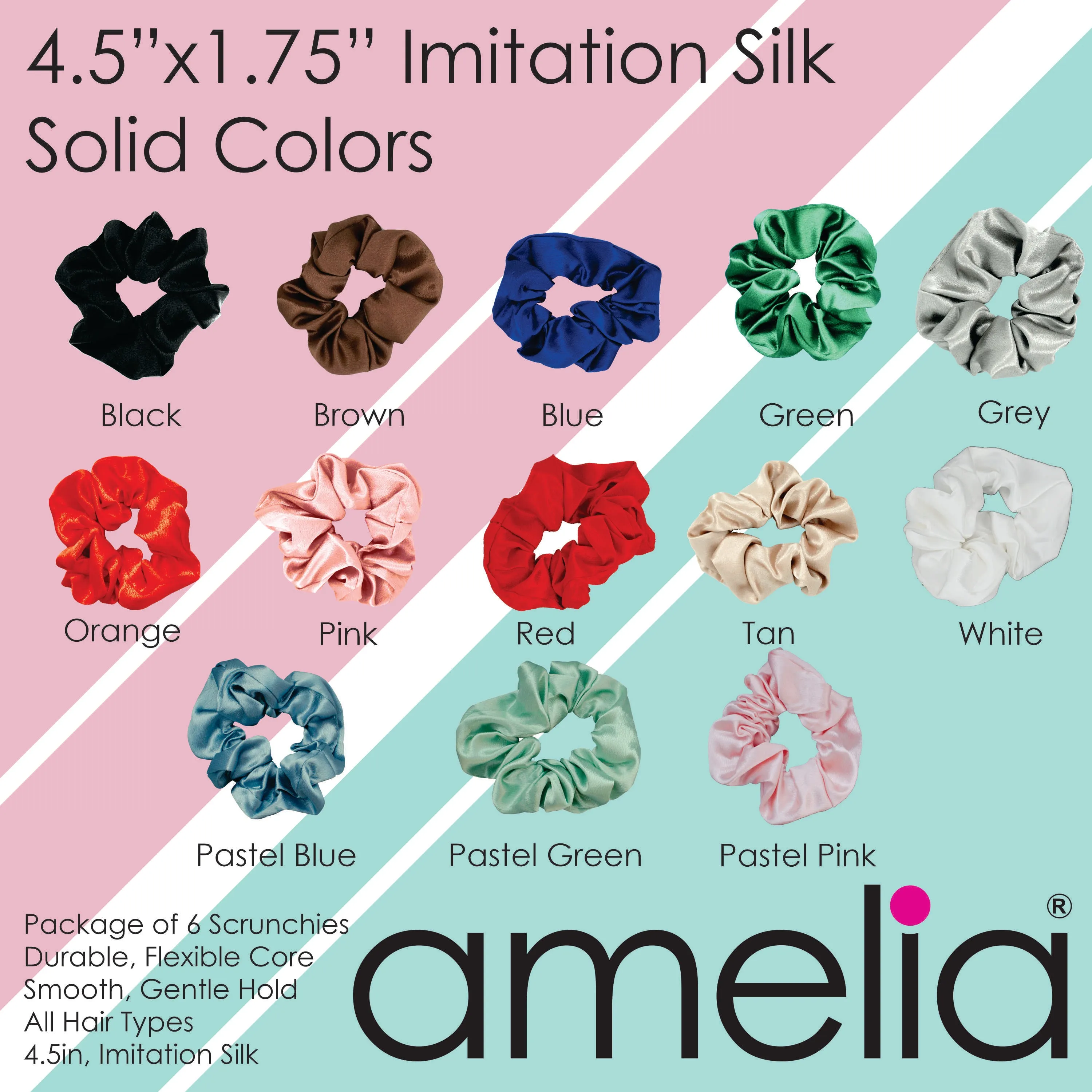 Amelia Beauty, Tan Imitation Silk Scrunchies, 4.5in Diameter, Gentle on Hair, Strong Hold, No Snag, No Dents or Creases. 6 Pack