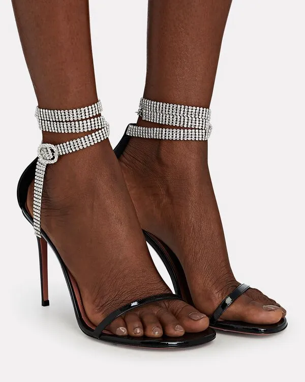 Amina Muaddi Shoes, Crystal-Embellished Patent Leather Sandals (size 39.5)