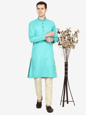 Aqua Green Solid Cotton Blend Kurta | The Kurta Company