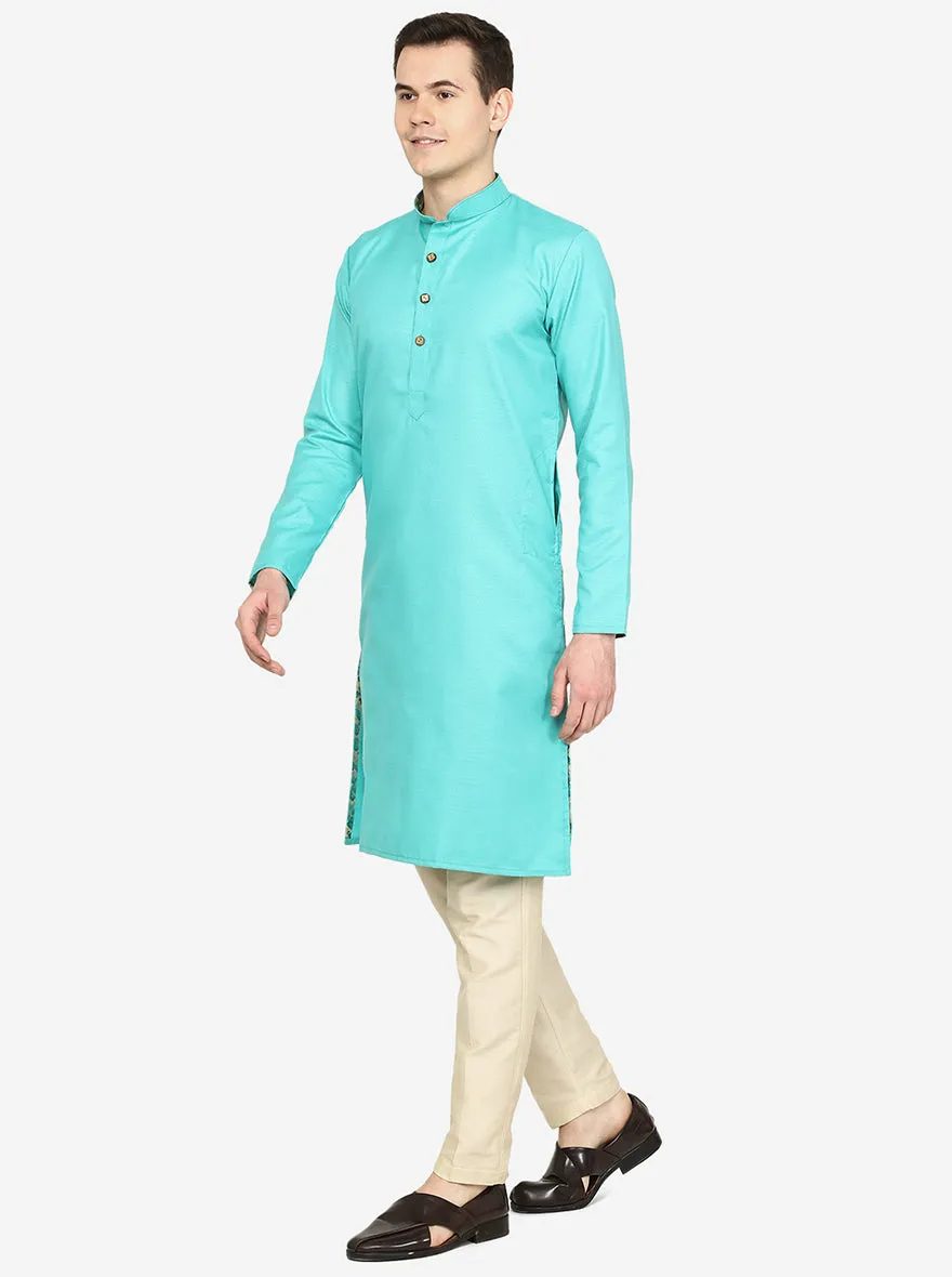 Aqua Green Solid Cotton Blend Kurta | The Kurta Company