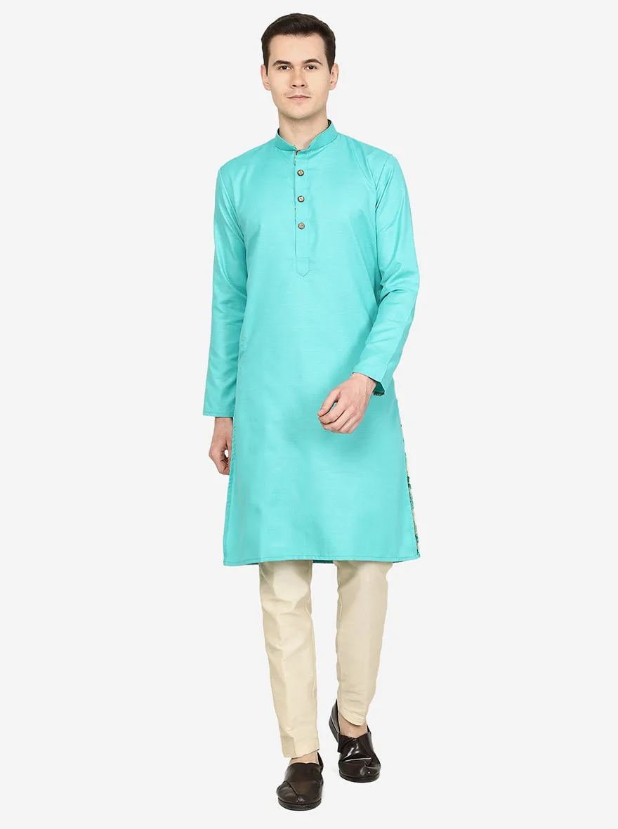 Aqua Green Solid Cotton Blend Kurta | The Kurta Company